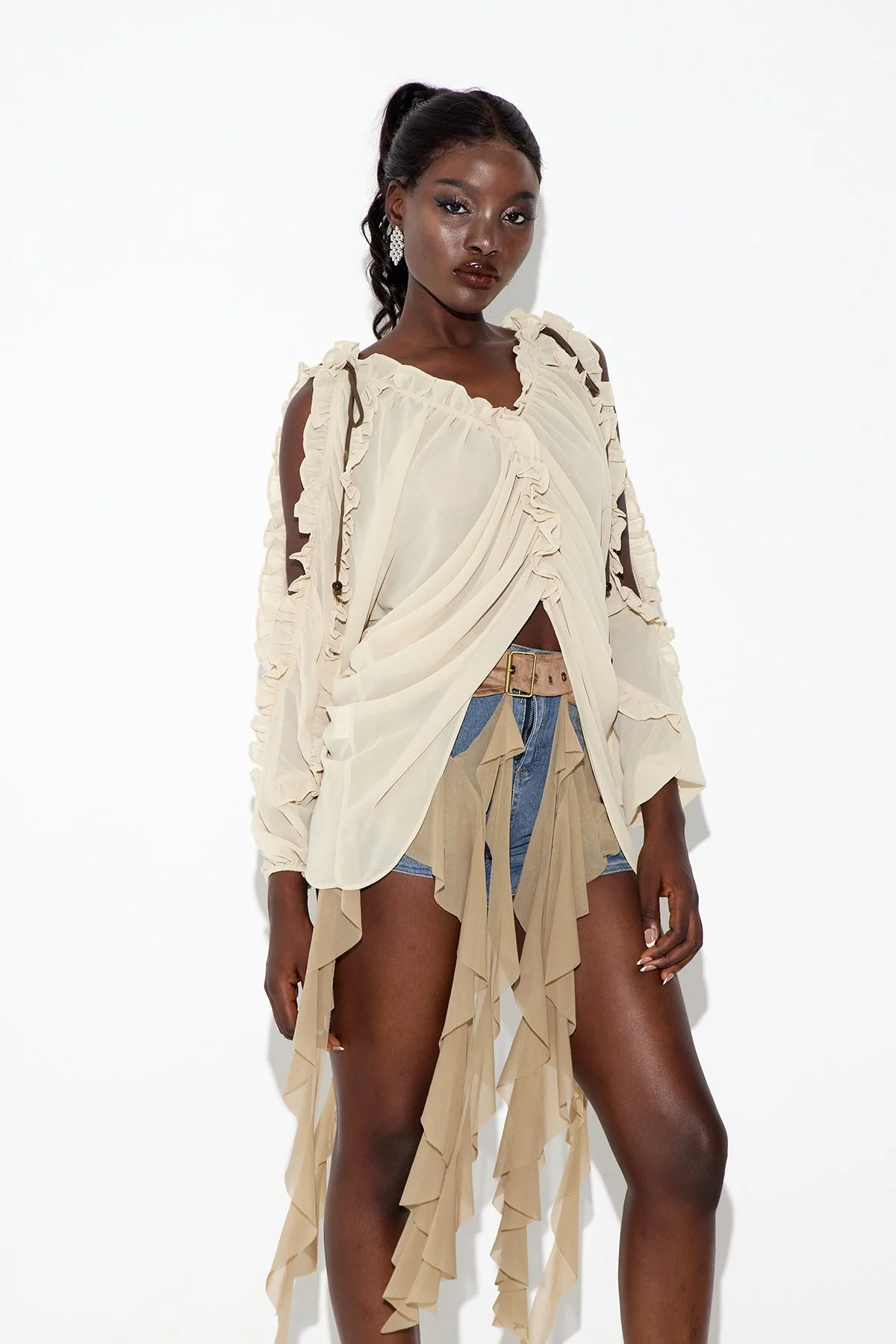 Elegant Ruffle Cutout Top in Apricot | Womens Boho Blouse