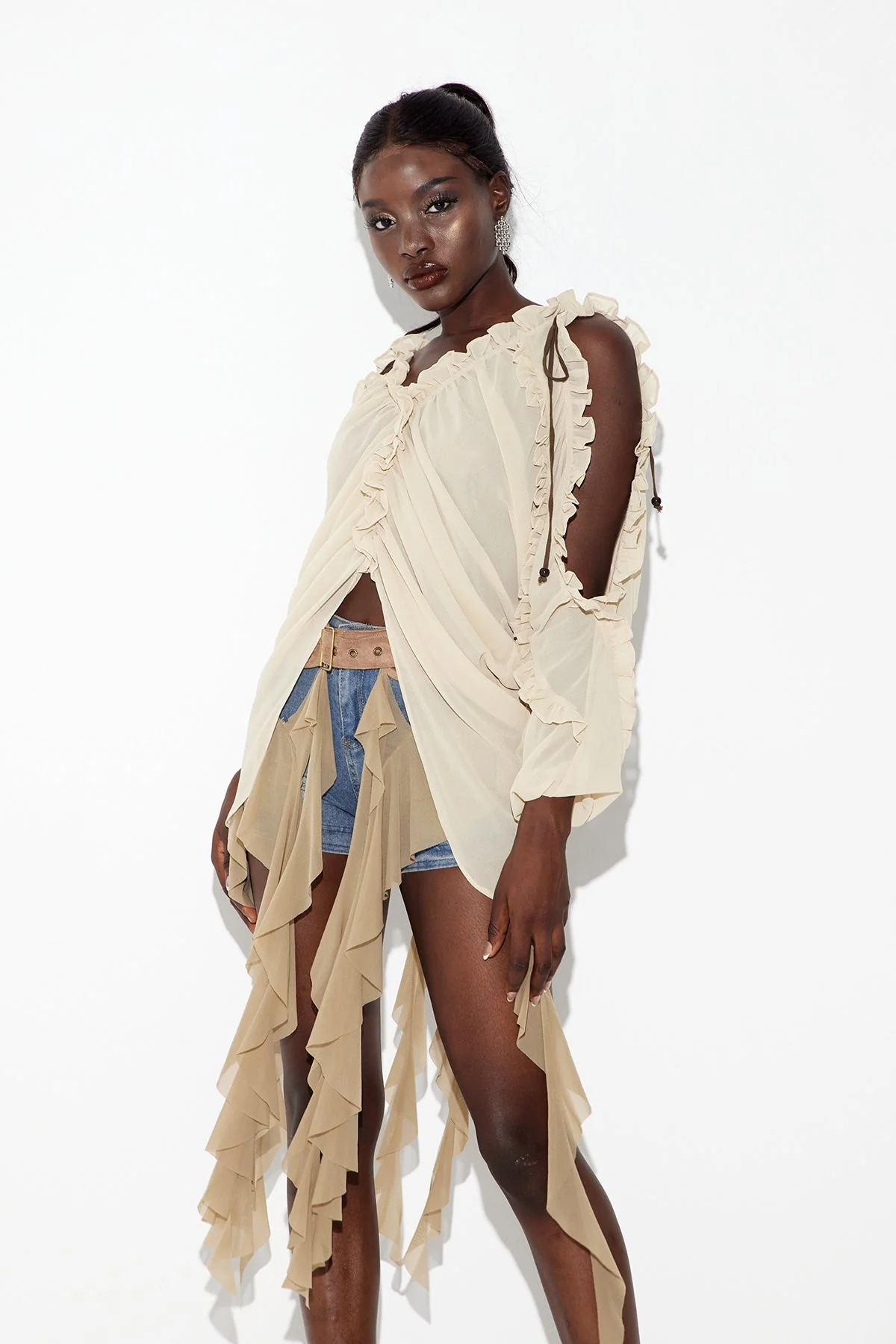 Elegant Ruffle Cutout Top in Apricot | Womens Boho Blouse