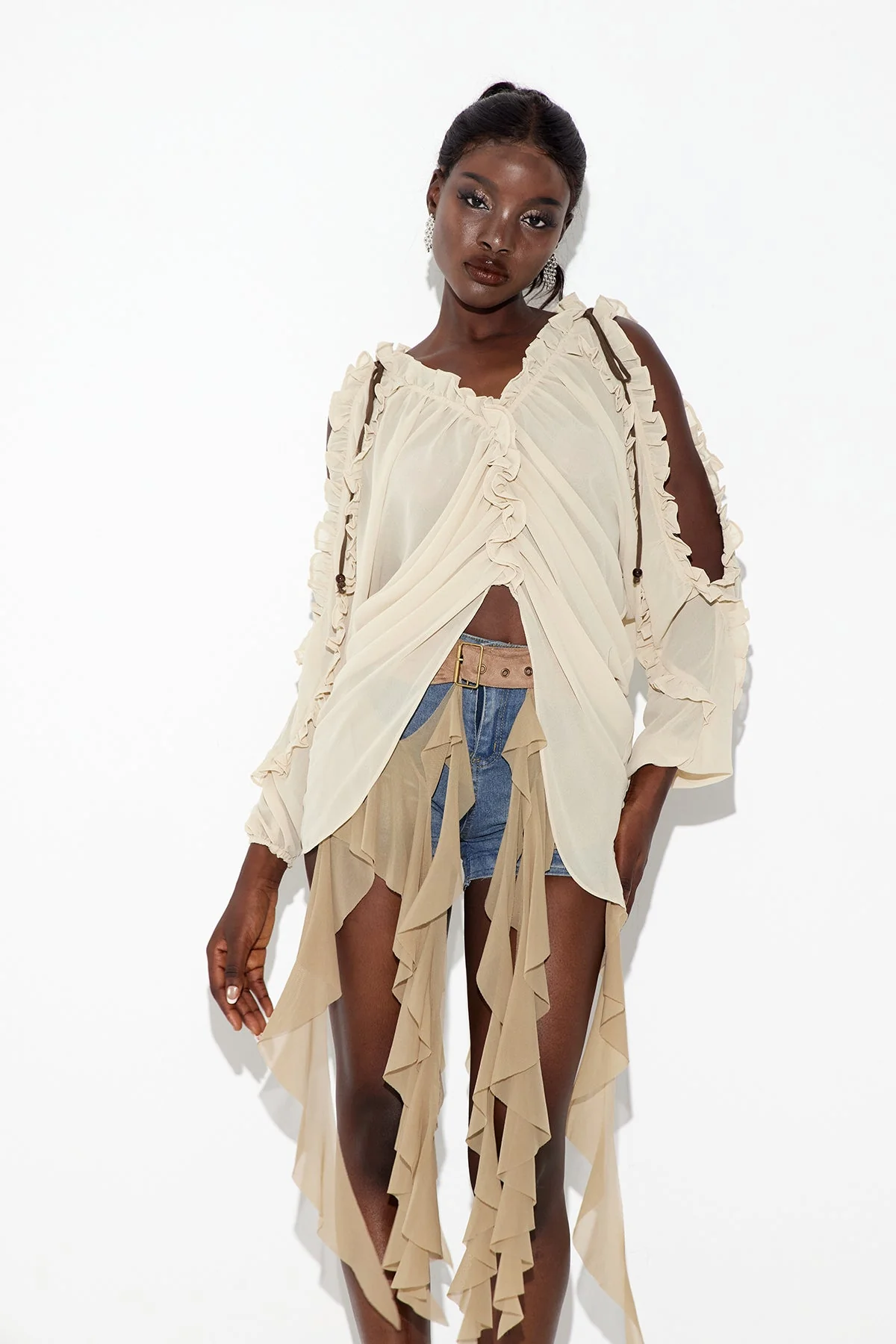 Elegant Ruffle Cutout Top in Apricot | Womens Boho Blouse