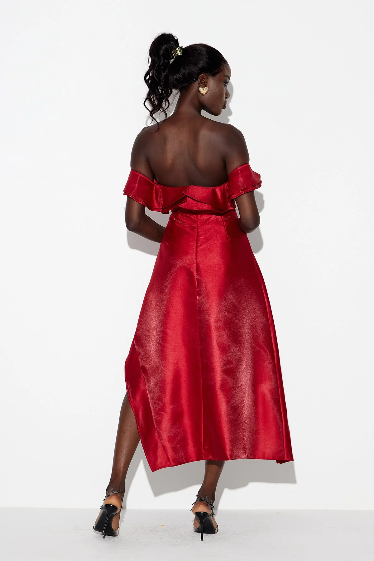 Red Off Shoulder Ruffle Maxi Dress