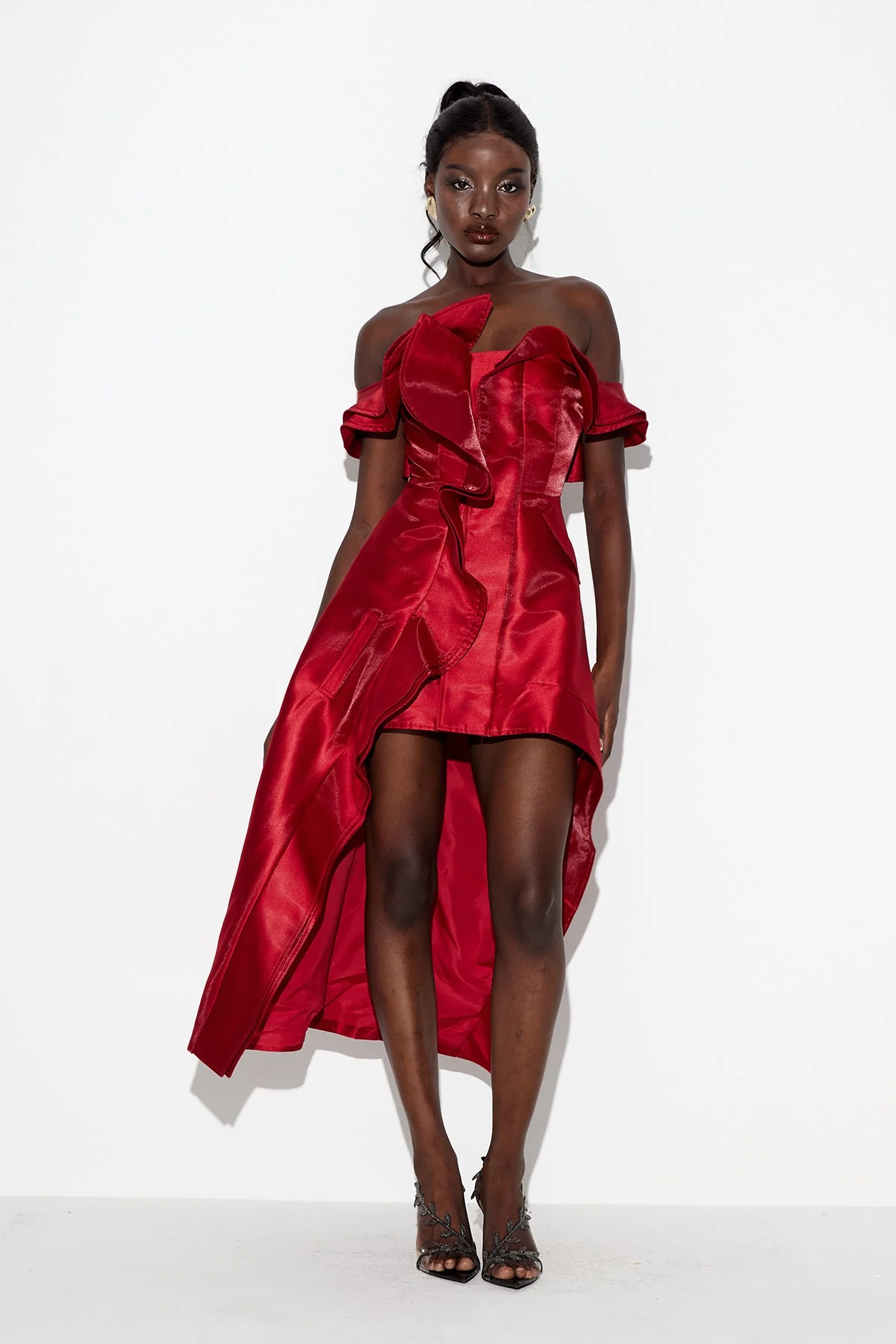 Red Off Shoulder Ruffle Maxi Dress