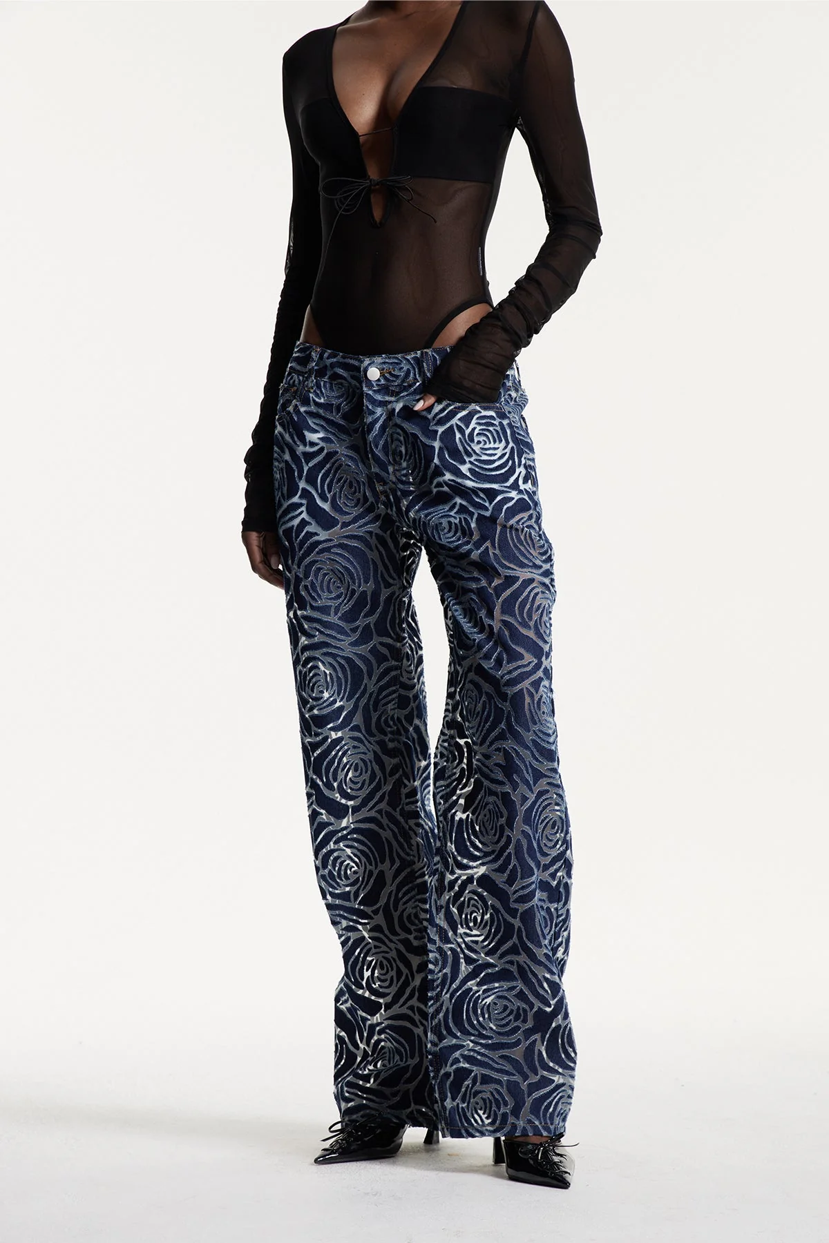 Deep Blue Flower Cutout Denim Jeans