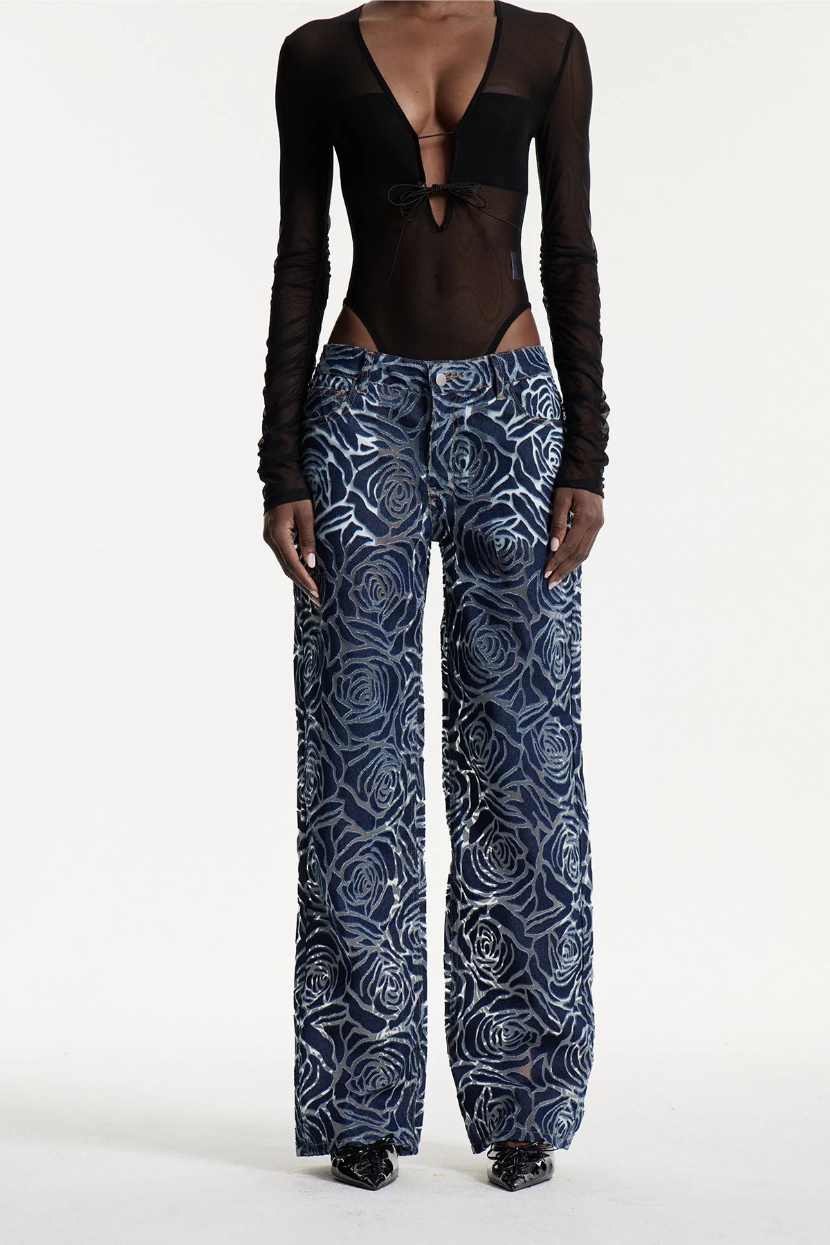 Deep Blue Flower Cutout Denim Jeans