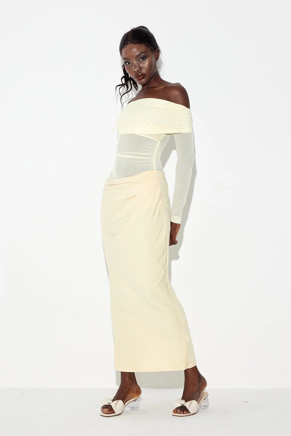 Yellow Mesh Maxi Dress with Off Shoulder Ruch Detailing