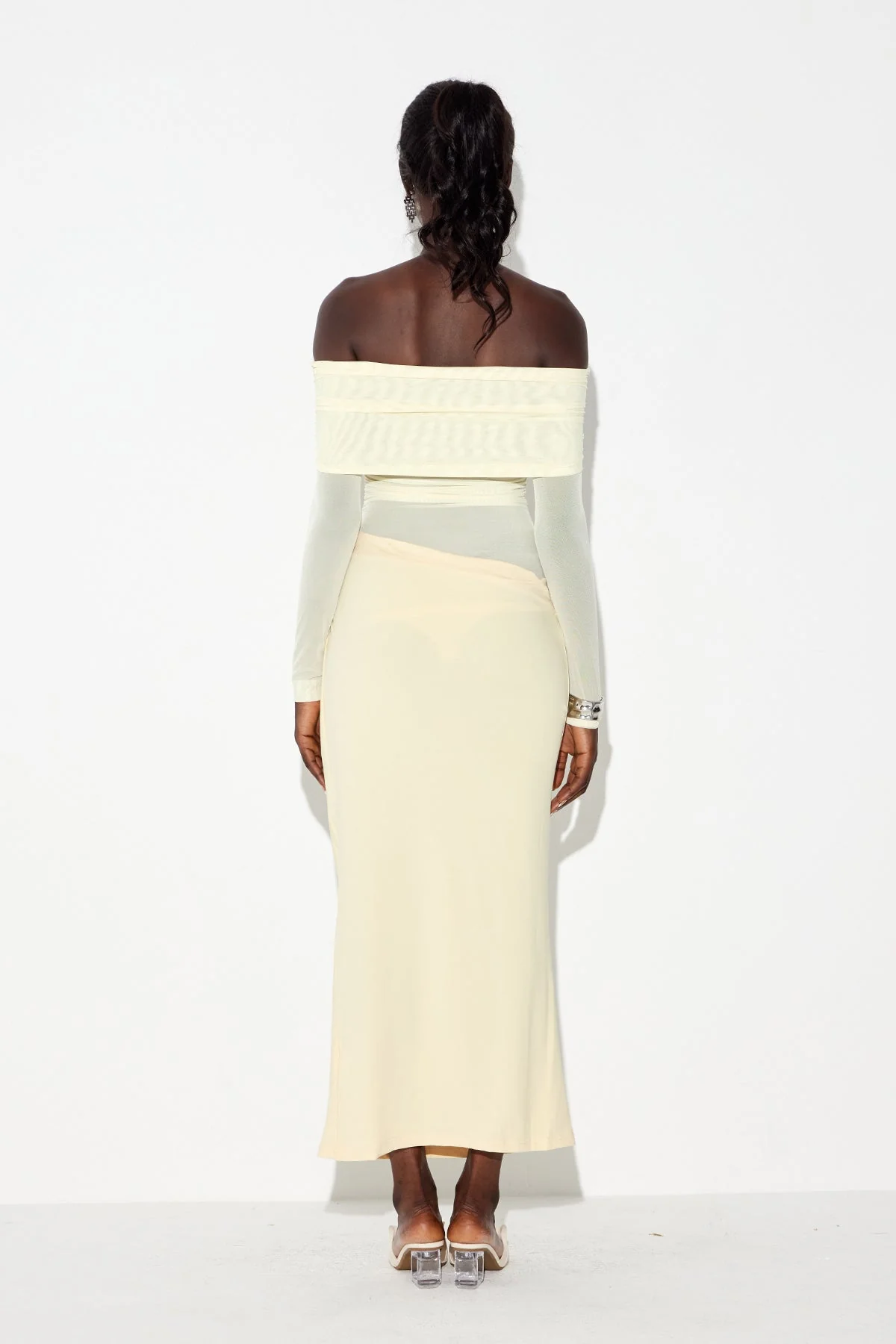 Yellow Mesh Maxi Dress with Off Shoulder Ruch Detailing