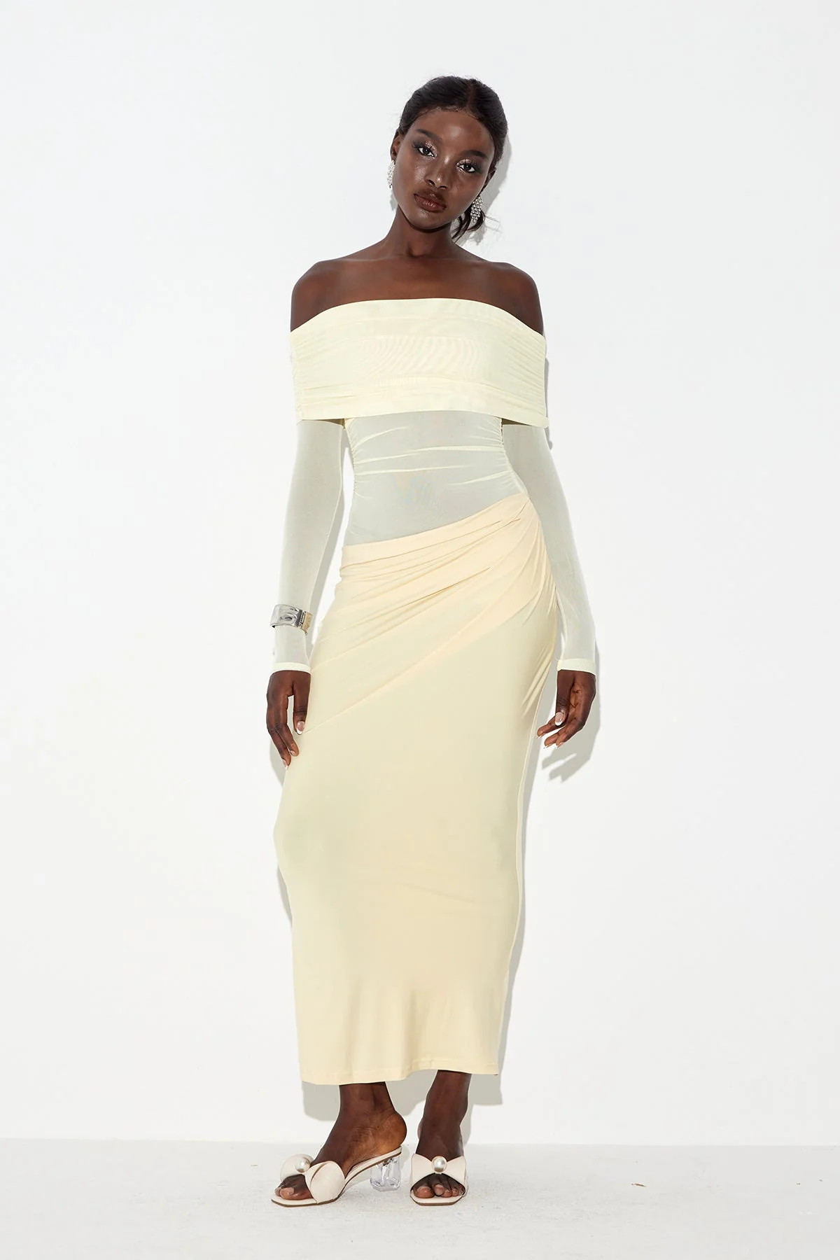 Yellow Mesh Maxi Dress with Off Shoulder Ruch Detailing