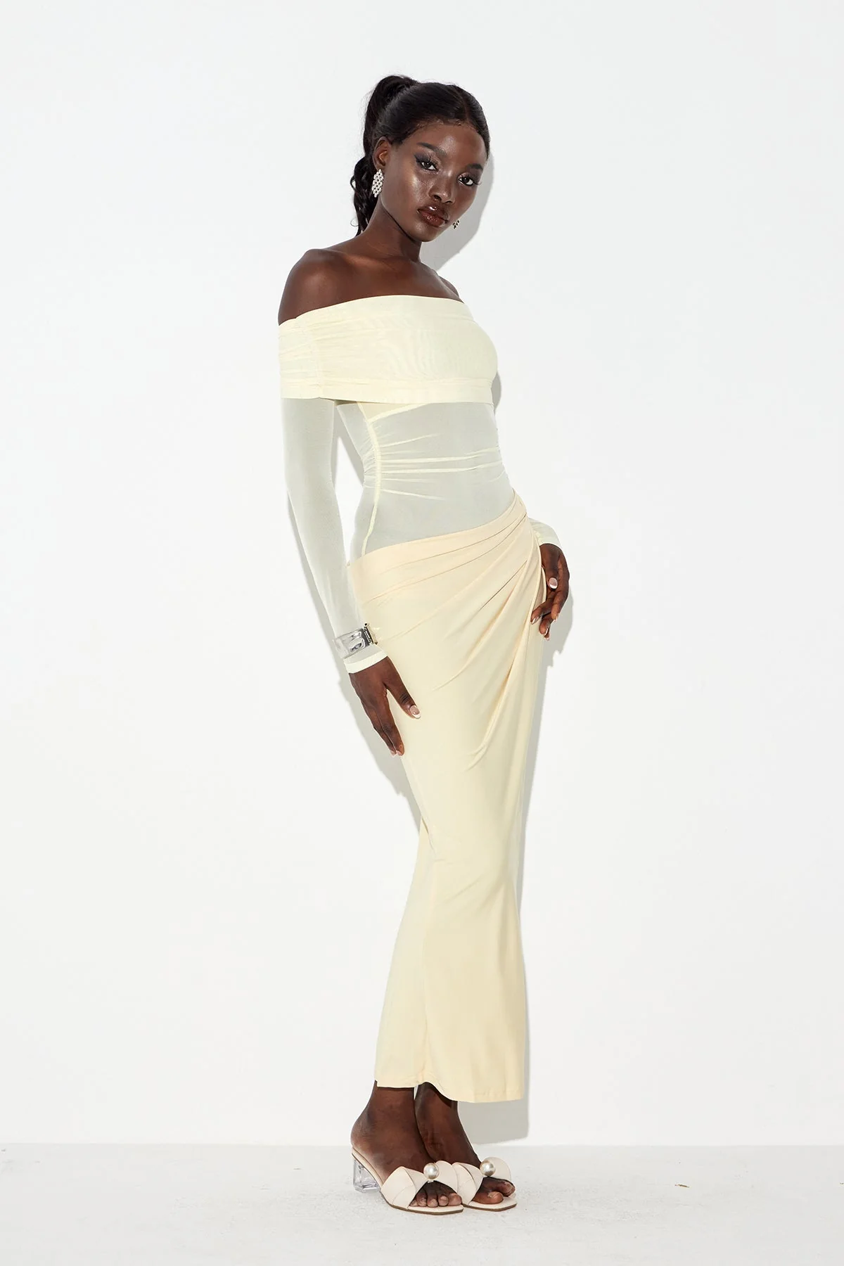 Yellow Mesh Maxi Dress with Off Shoulder Ruch Detailing