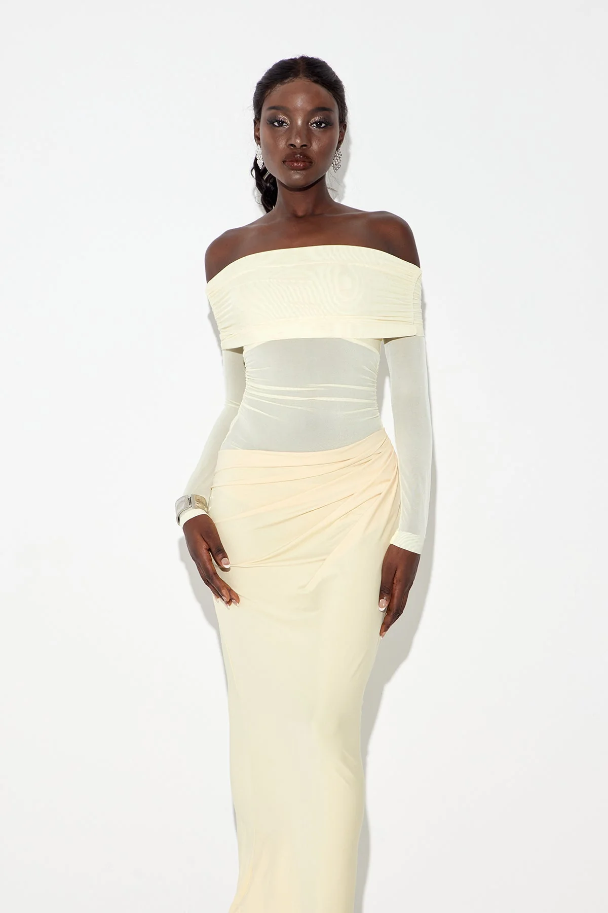 Yellow Mesh Maxi Dress with Off Shoulder Ruch Detailing