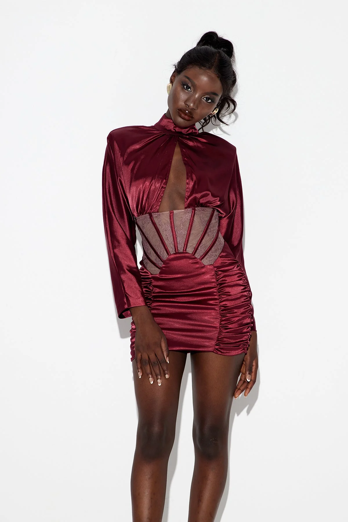 Red Satin Cutout Mini Dress with Corset Bodice