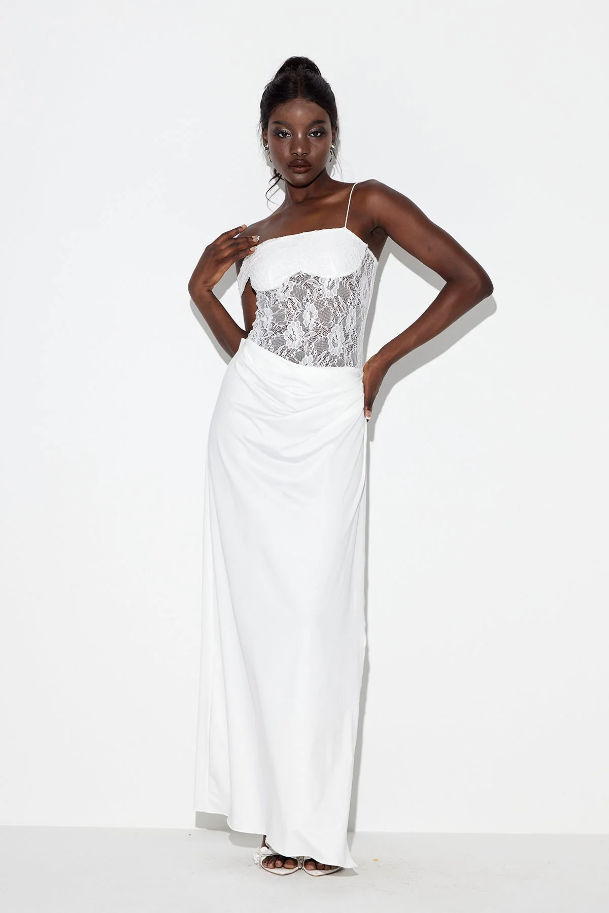 White Lace Asymmetric Maxi Dress - Elegant Modern Design