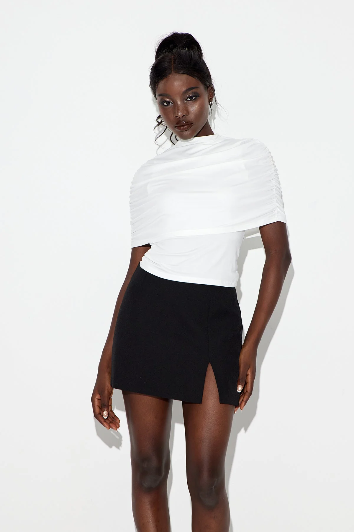 White Shawl Drawstring Top - Adjustable Comfort and Elegant Design