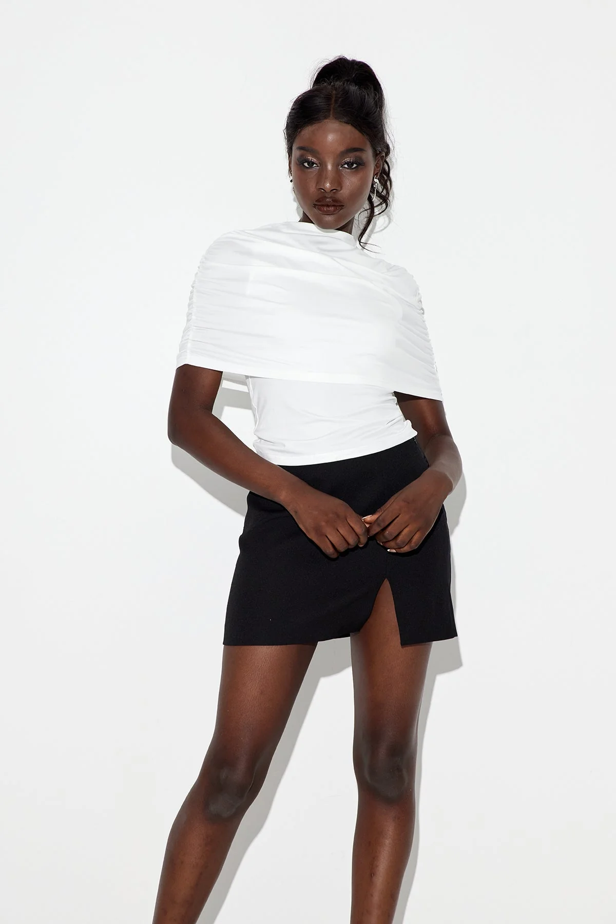 White Shawl Drawstring Top - Adjustable Comfort and Elegant Design