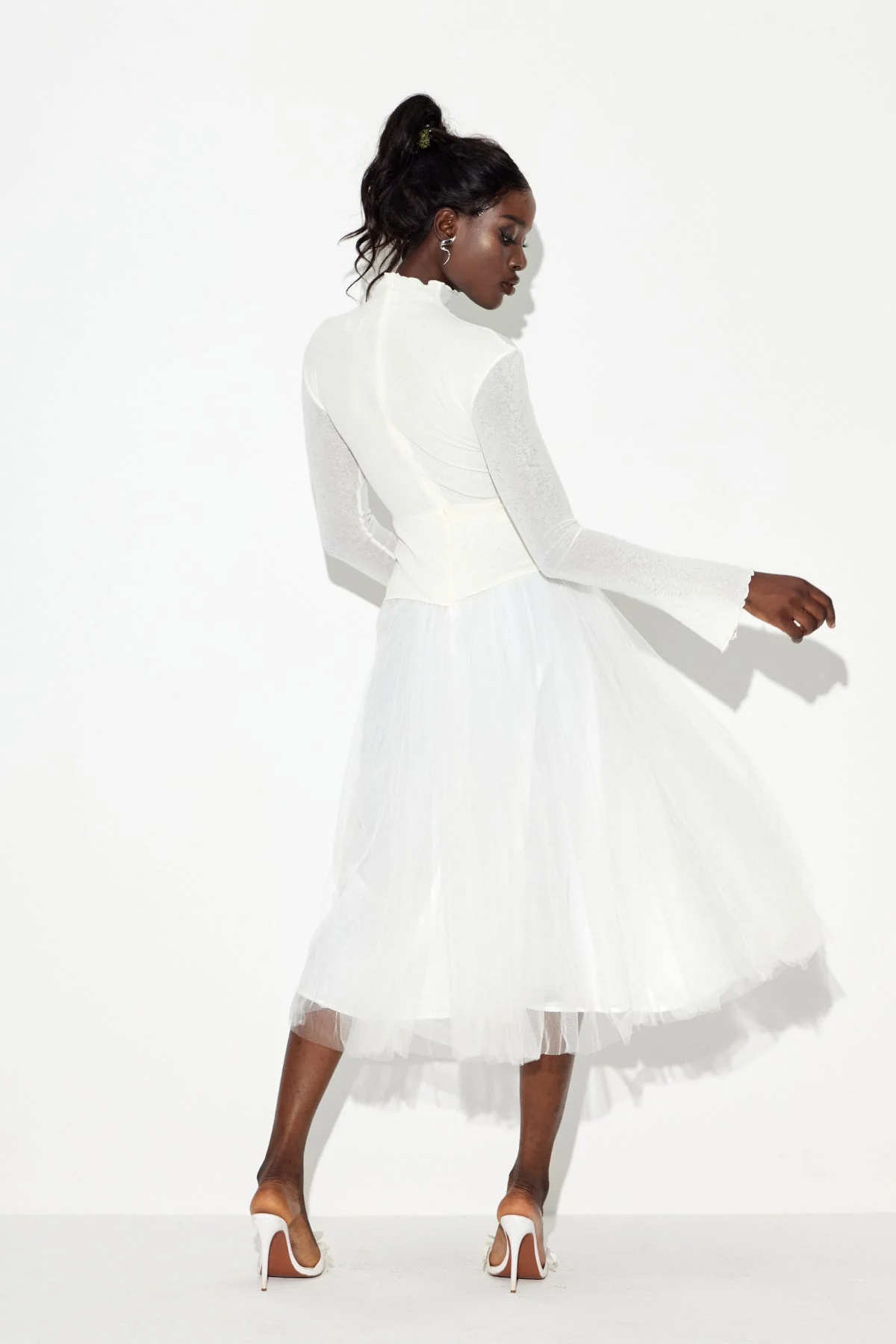 White High Neck Ruched Skirt Set