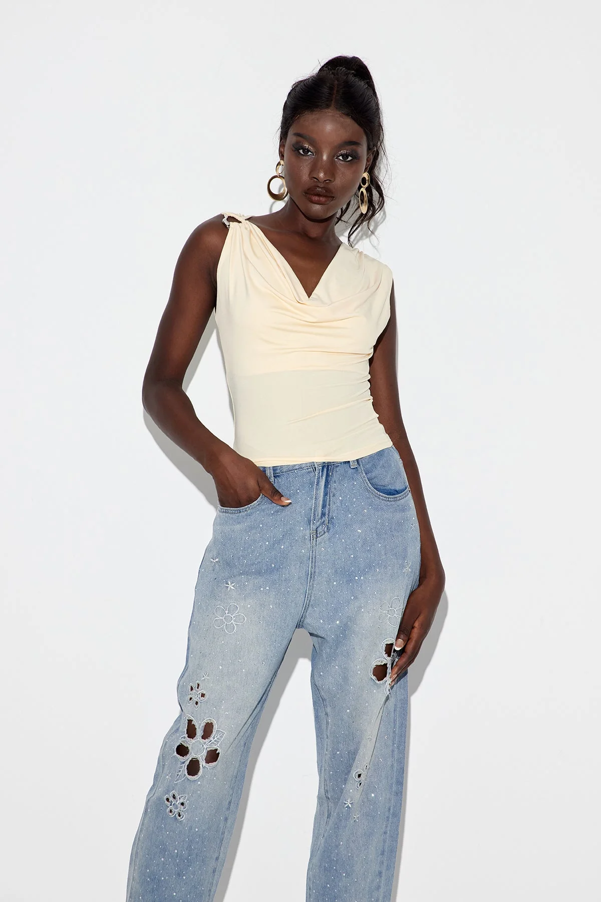 Chic Apricot Cowl Neck Sleeveless Top