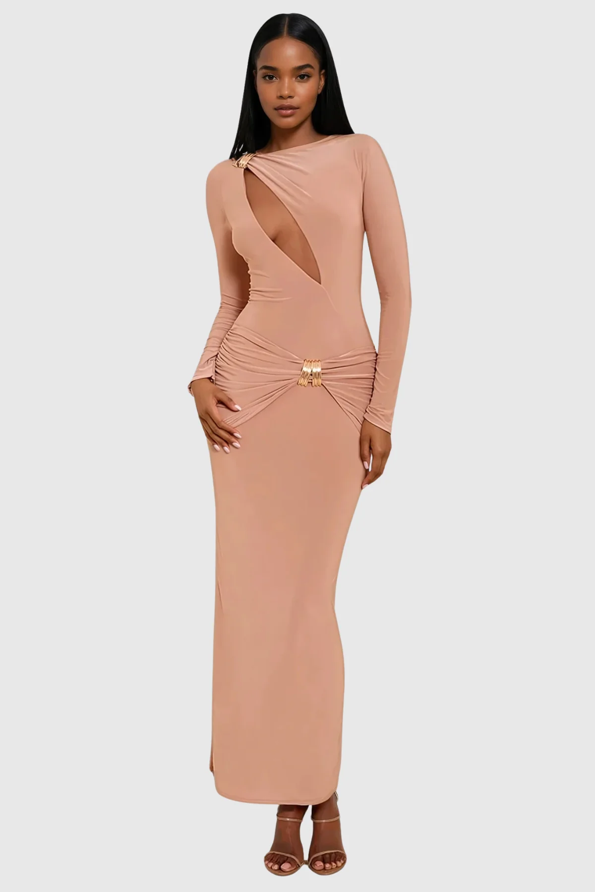 Orange Cutout Bodycon Maxi Dress - Elegant Evening Fashion