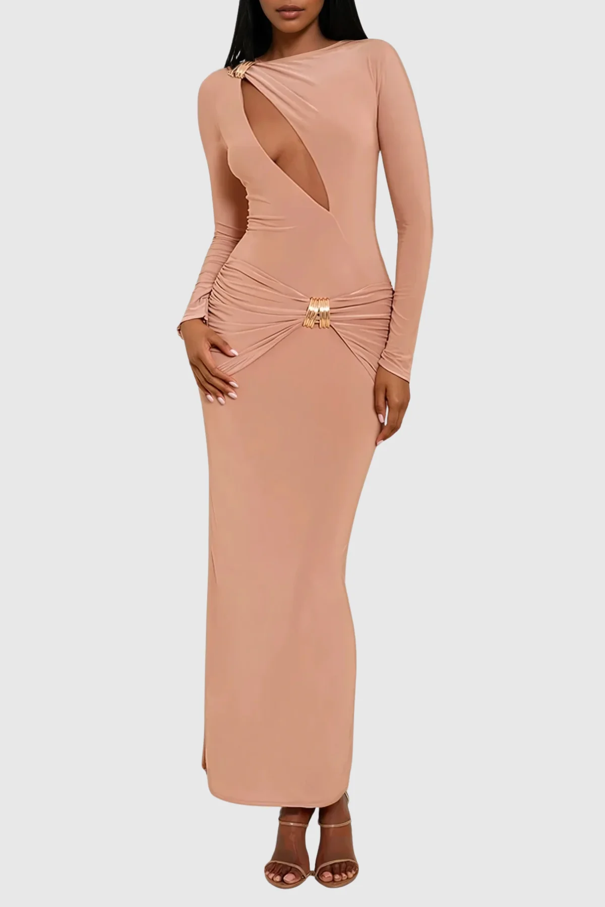 Orange Cutout Bodycon Maxi Dress - Elegant Evening Fashion