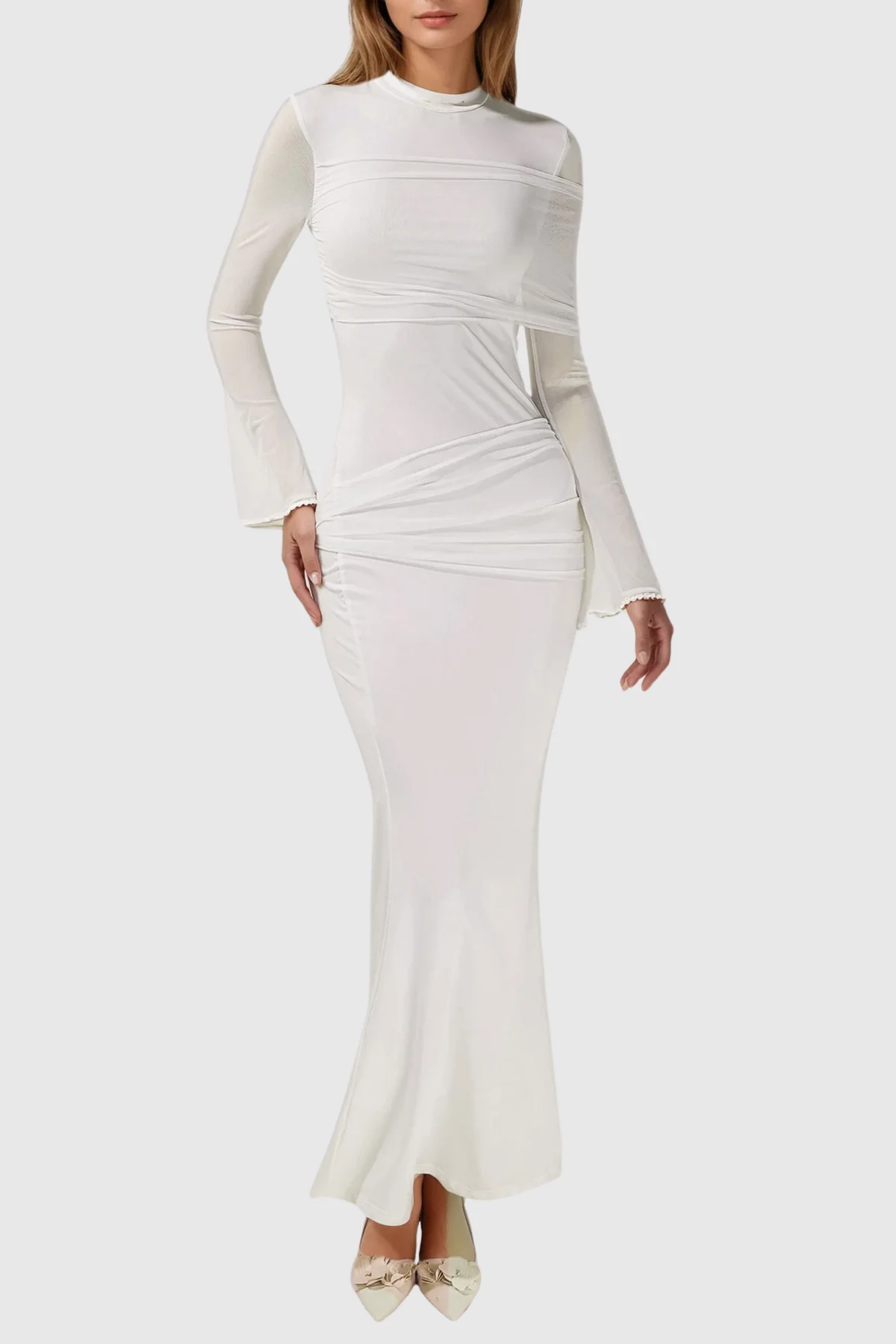 Chic White Asymmetric Ruch Maxi Dress