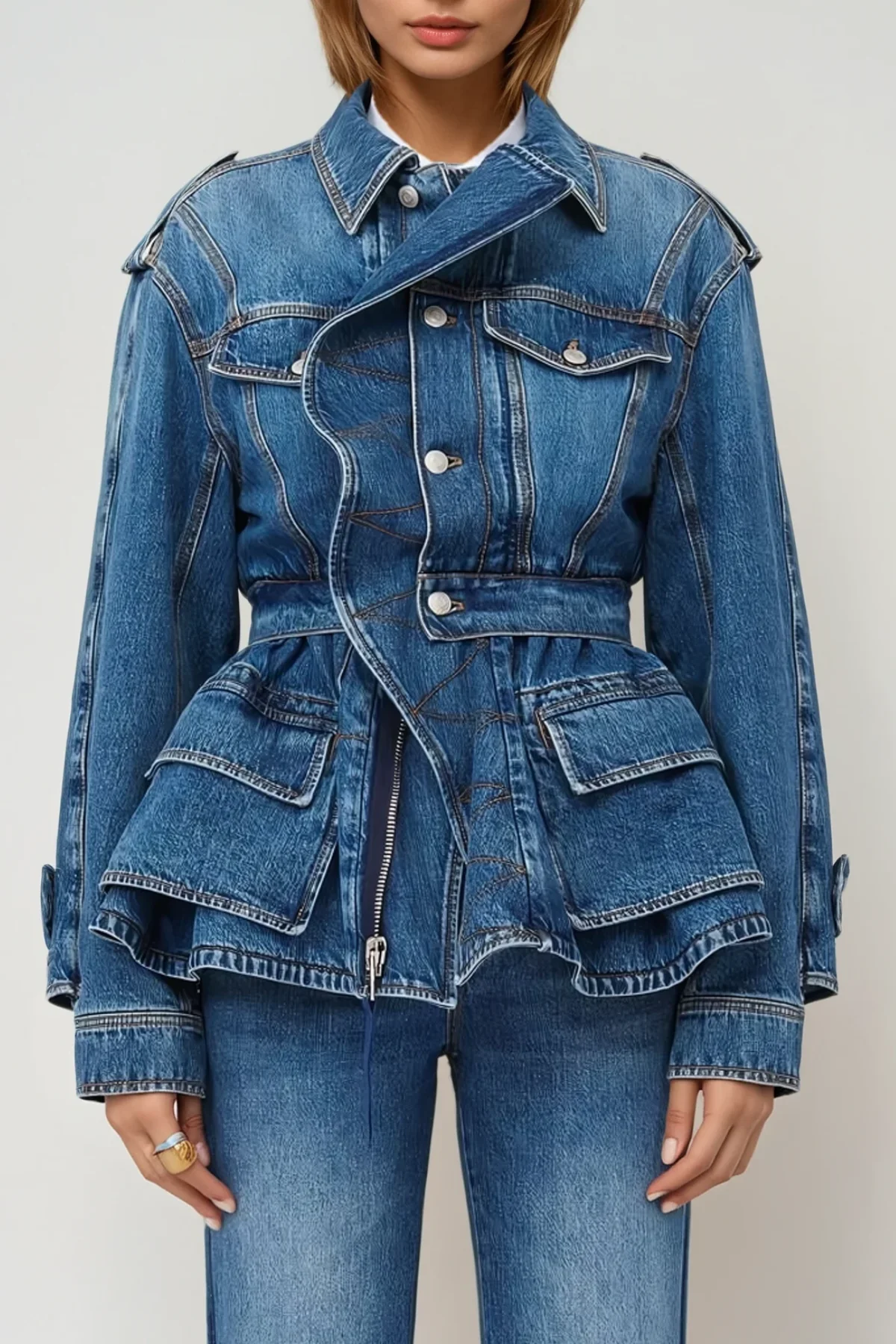 Asymmetric Ruffle Blue Denim Jacket