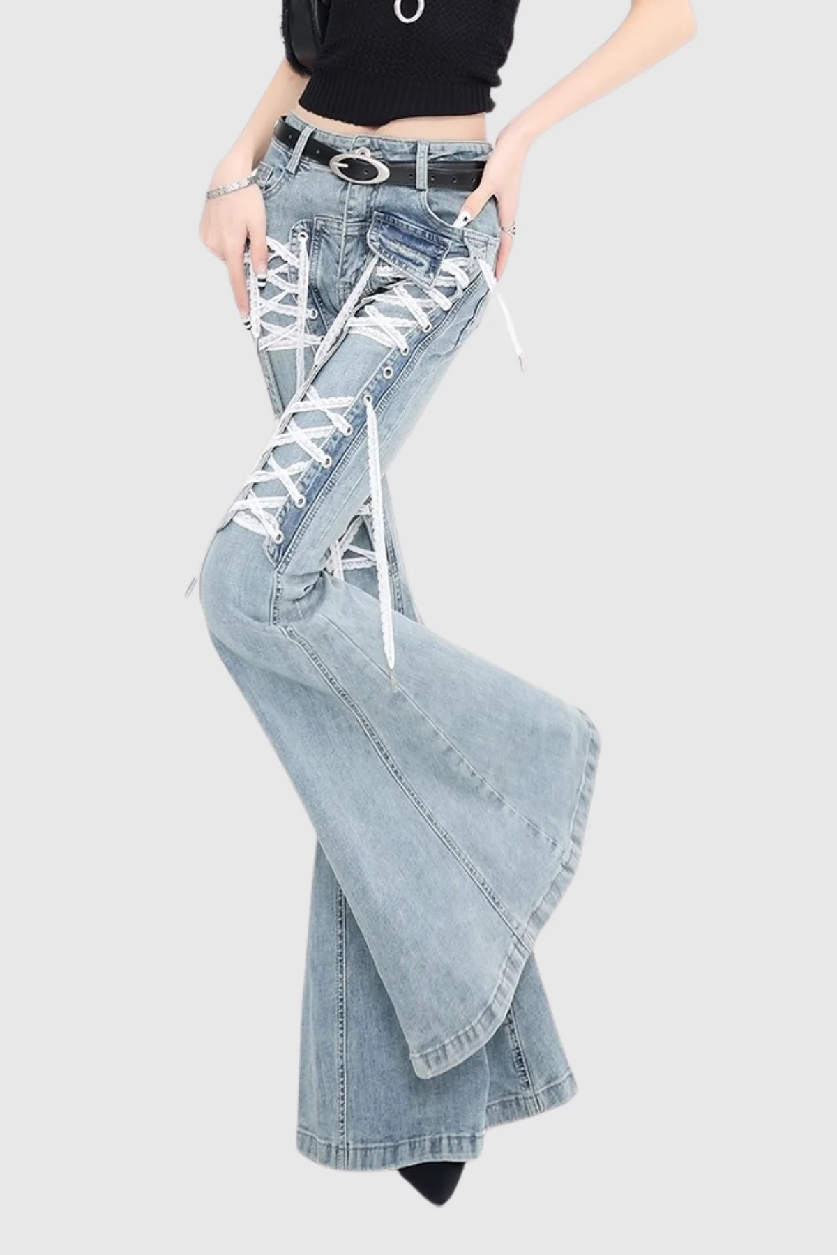 Blue Lace-up Bootcut Jeans for Modern Denim Style