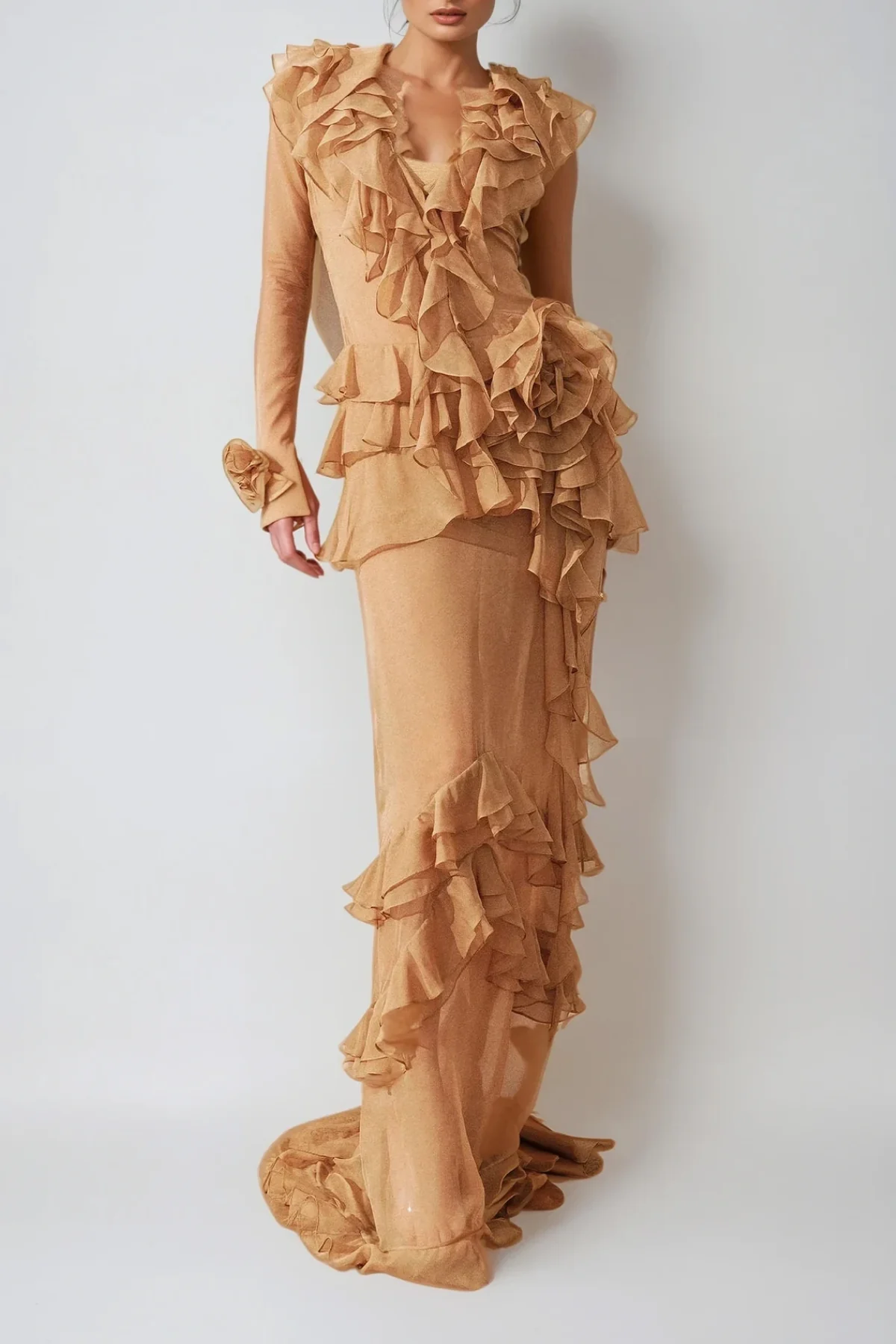 Romantic Floral Ruffle Maxi Dress Brown
