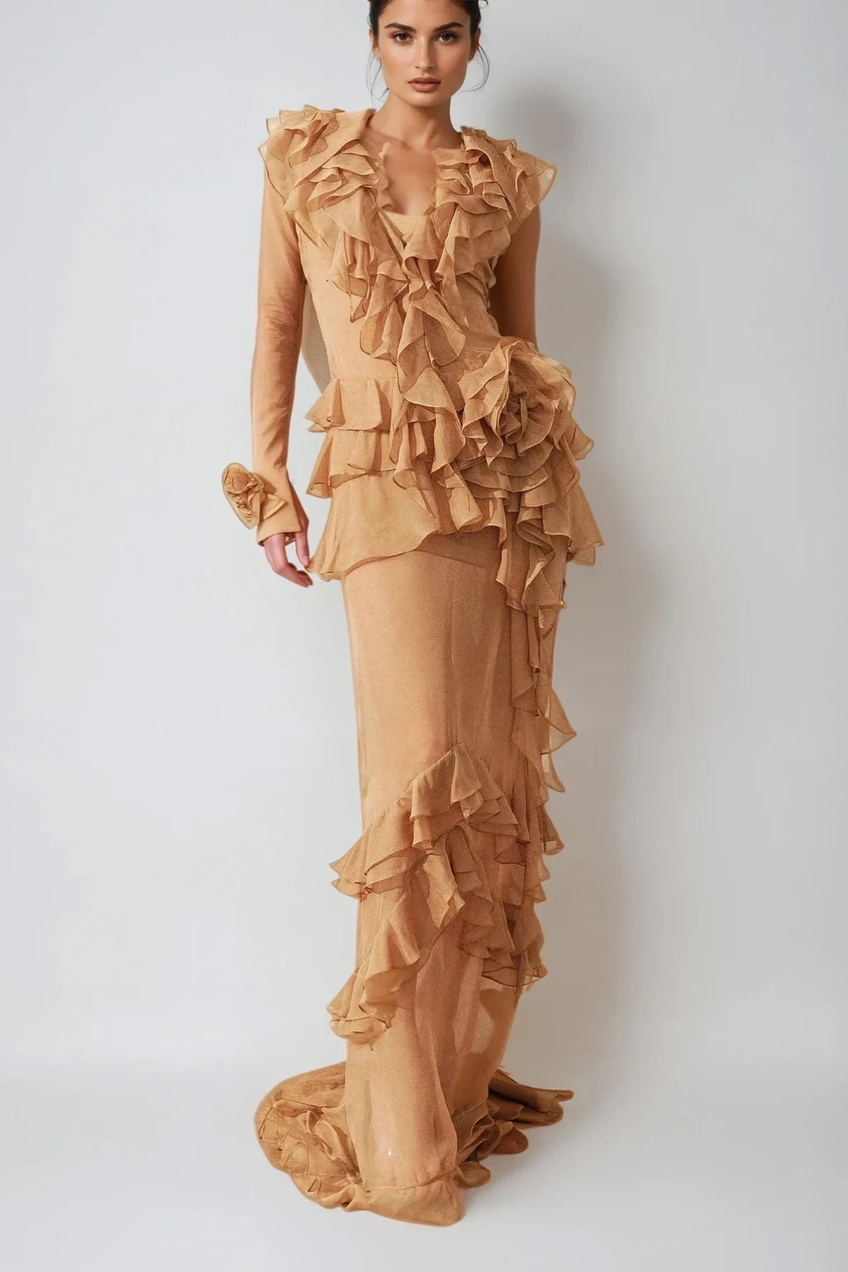 Romantic Floral Ruffle Maxi Dress Brown