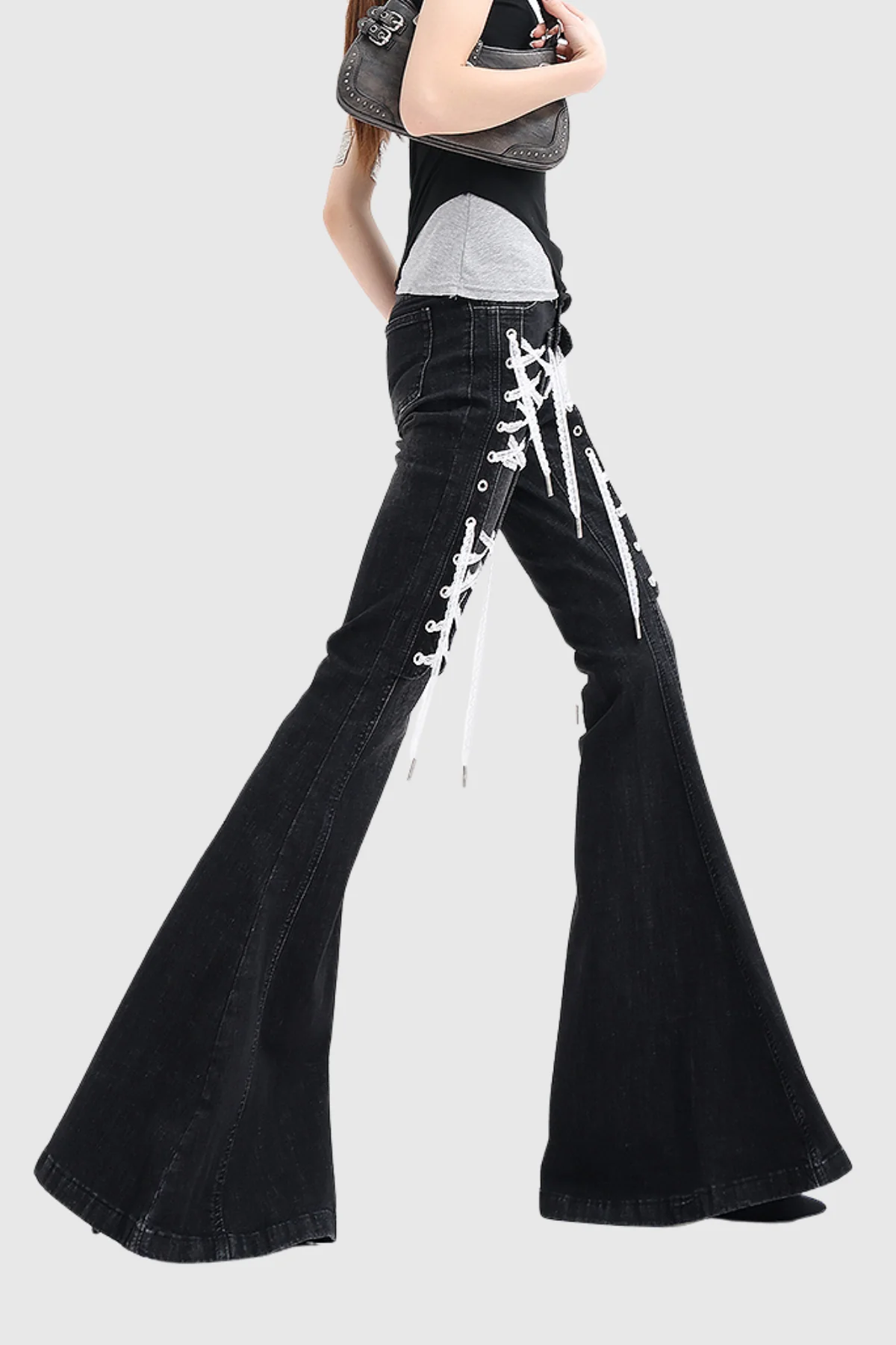 Black Lace-Up Bootcut Jeans for Stylish Comfort