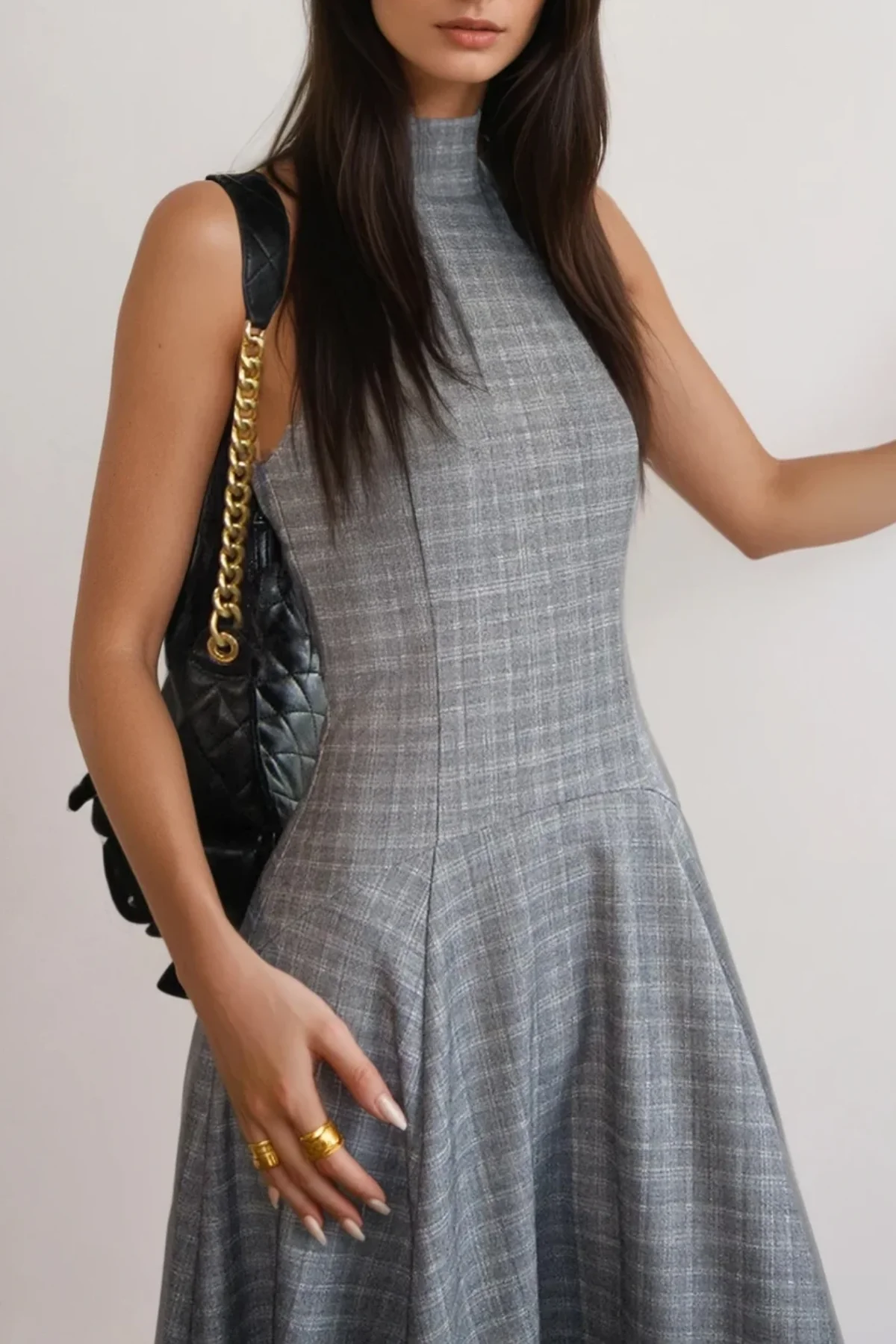 Sophisticated Grey Grid Maxi Dress - High Neck Design