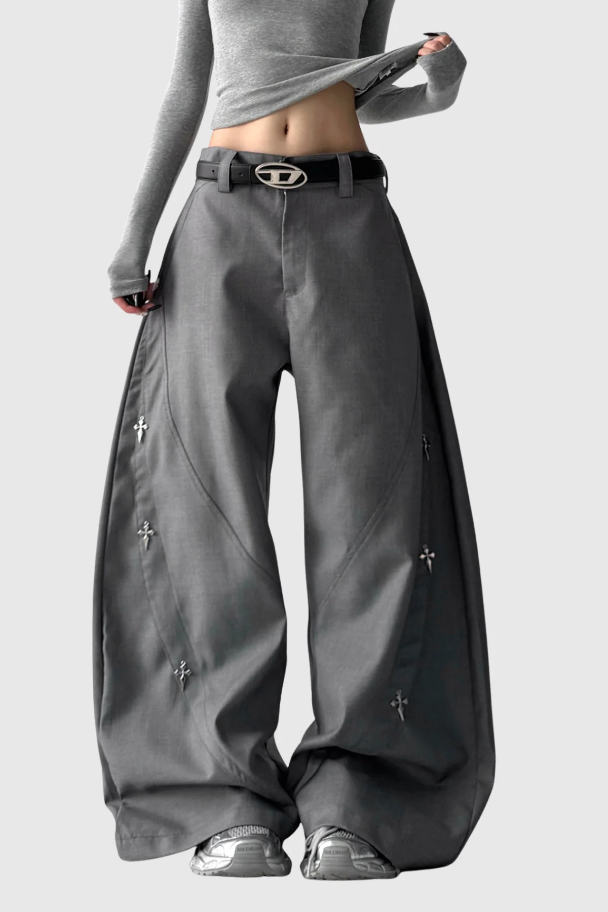 Grey Embellished Baggy Pants for Casual and Stylish Looks