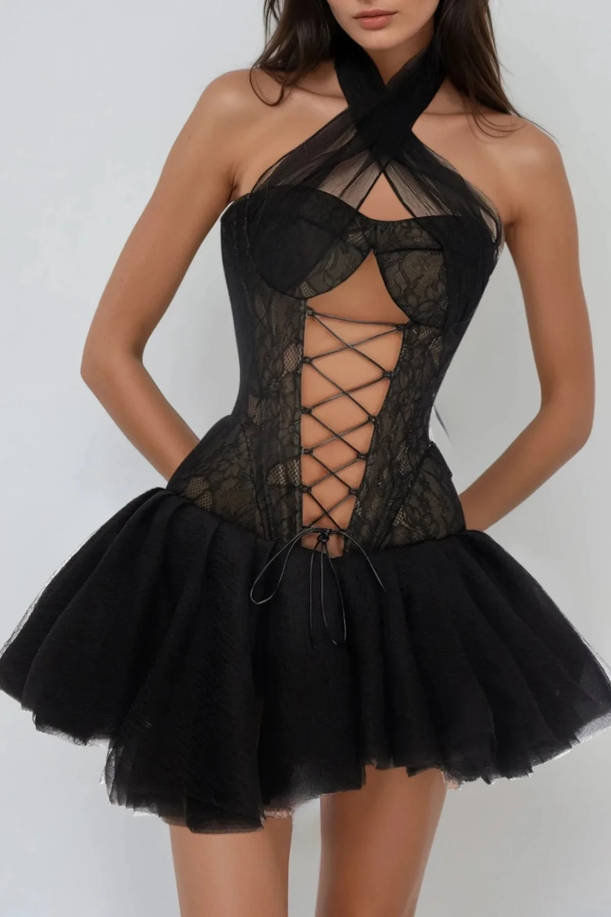 Black Lace Mini Puffy Dress