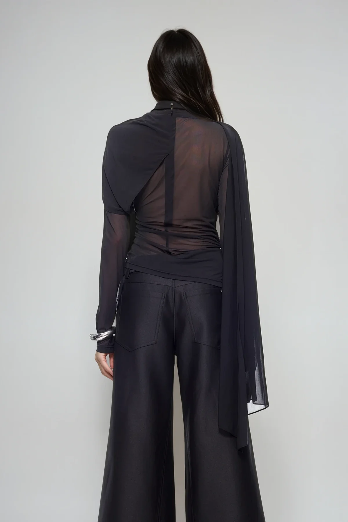 Sophisticated Ruched Mesh Wrap Top Black