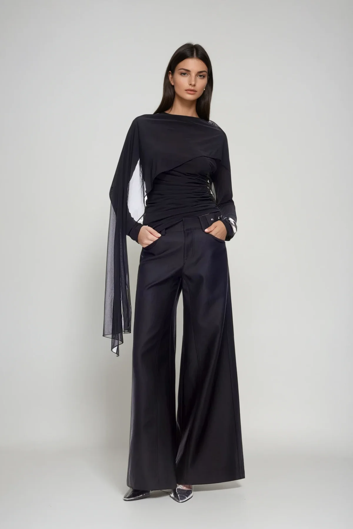 Sophisticated Ruched Mesh Wrap Top Black