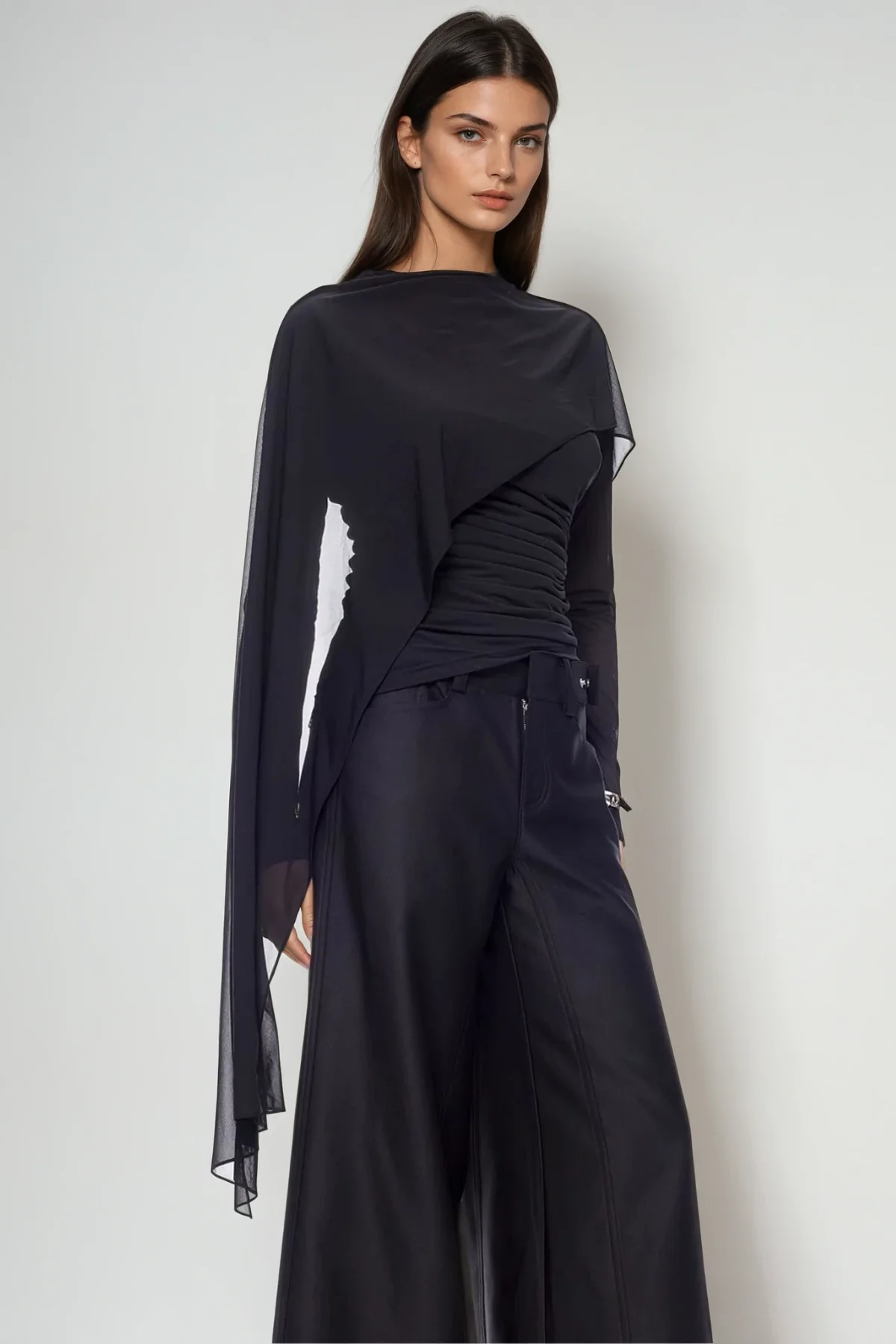 Sophisticated Ruched Mesh Wrap Top Black