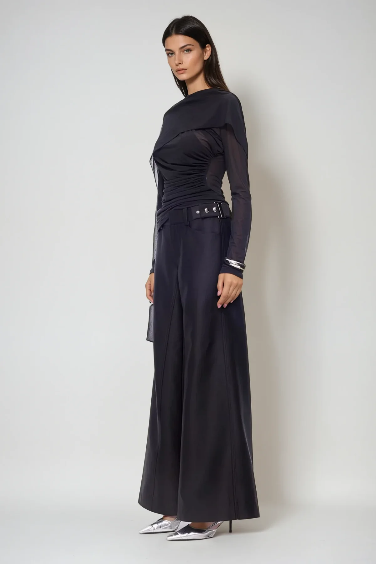 Sophisticated Ruched Mesh Wrap Top Black