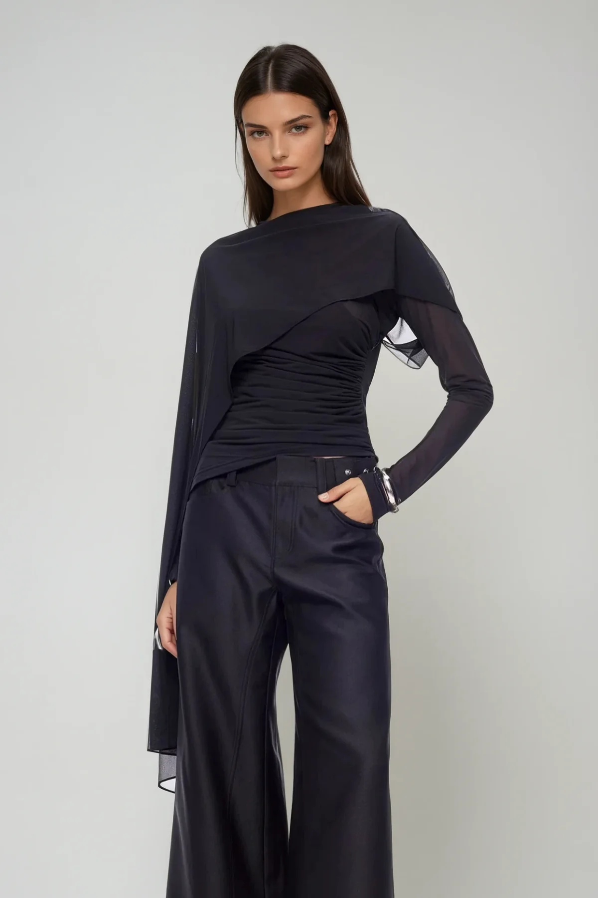Sophisticated Ruched Mesh Wrap Top Black