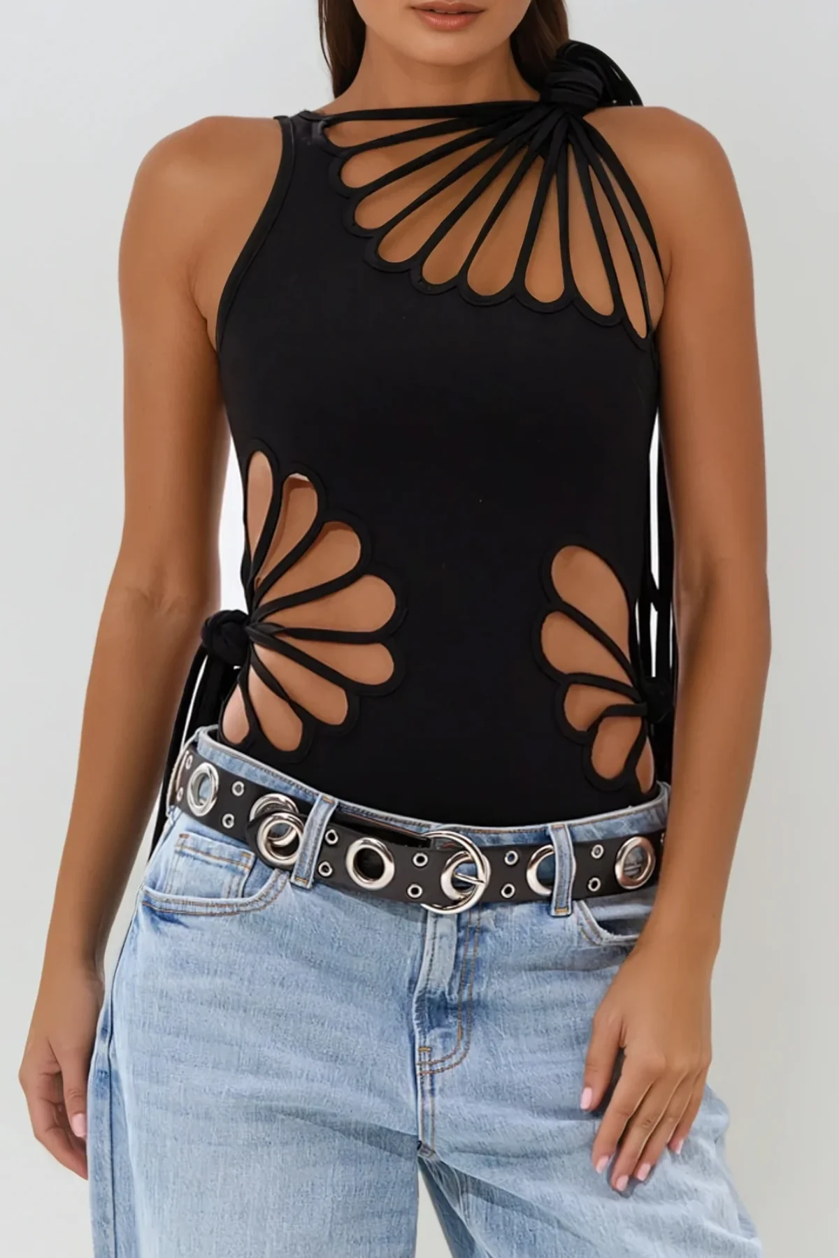 Black Asymmetric Cutout Bodysuit for Contemporary Urban Style