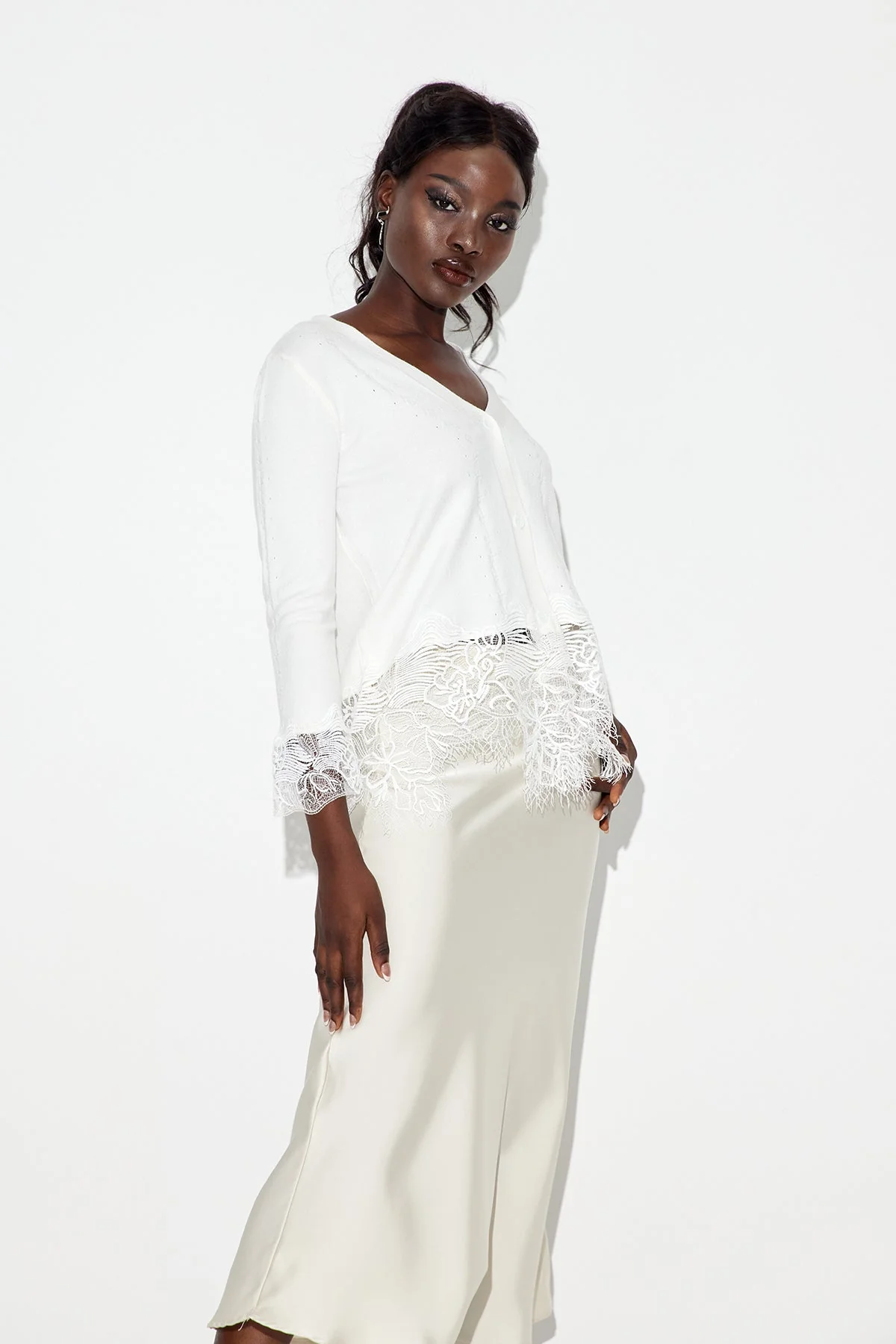 White Lace Plunge Knit Top - Elegant & Stylish Design