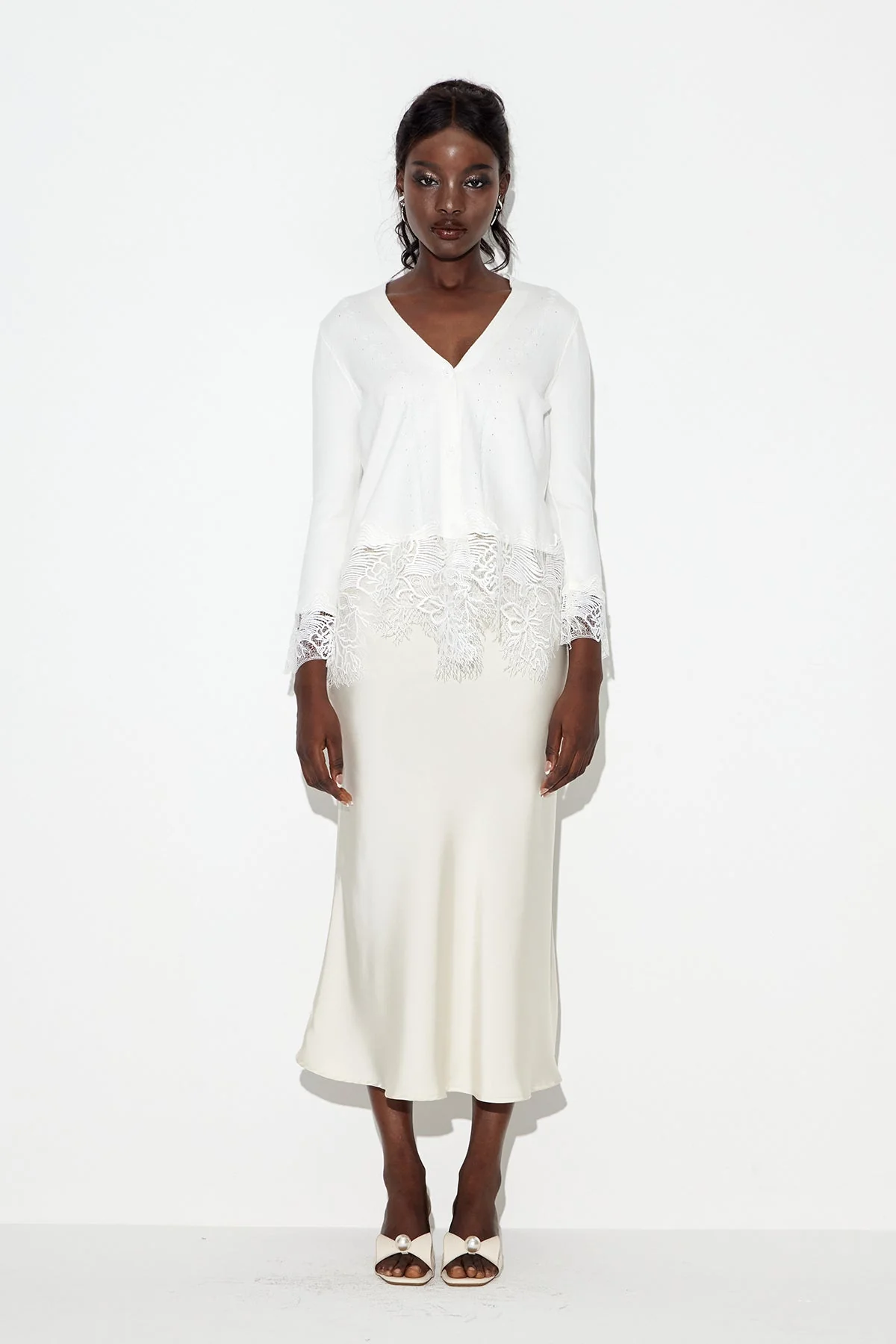 White Lace Plunge Knit Top - Elegant & Stylish Design