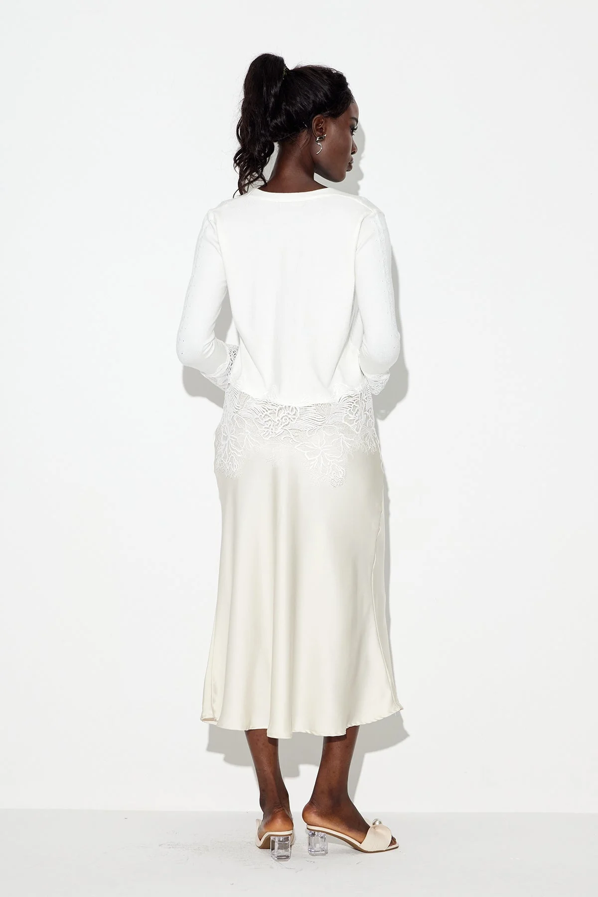 White Lace Plunge Knit Top - Elegant & Stylish Design