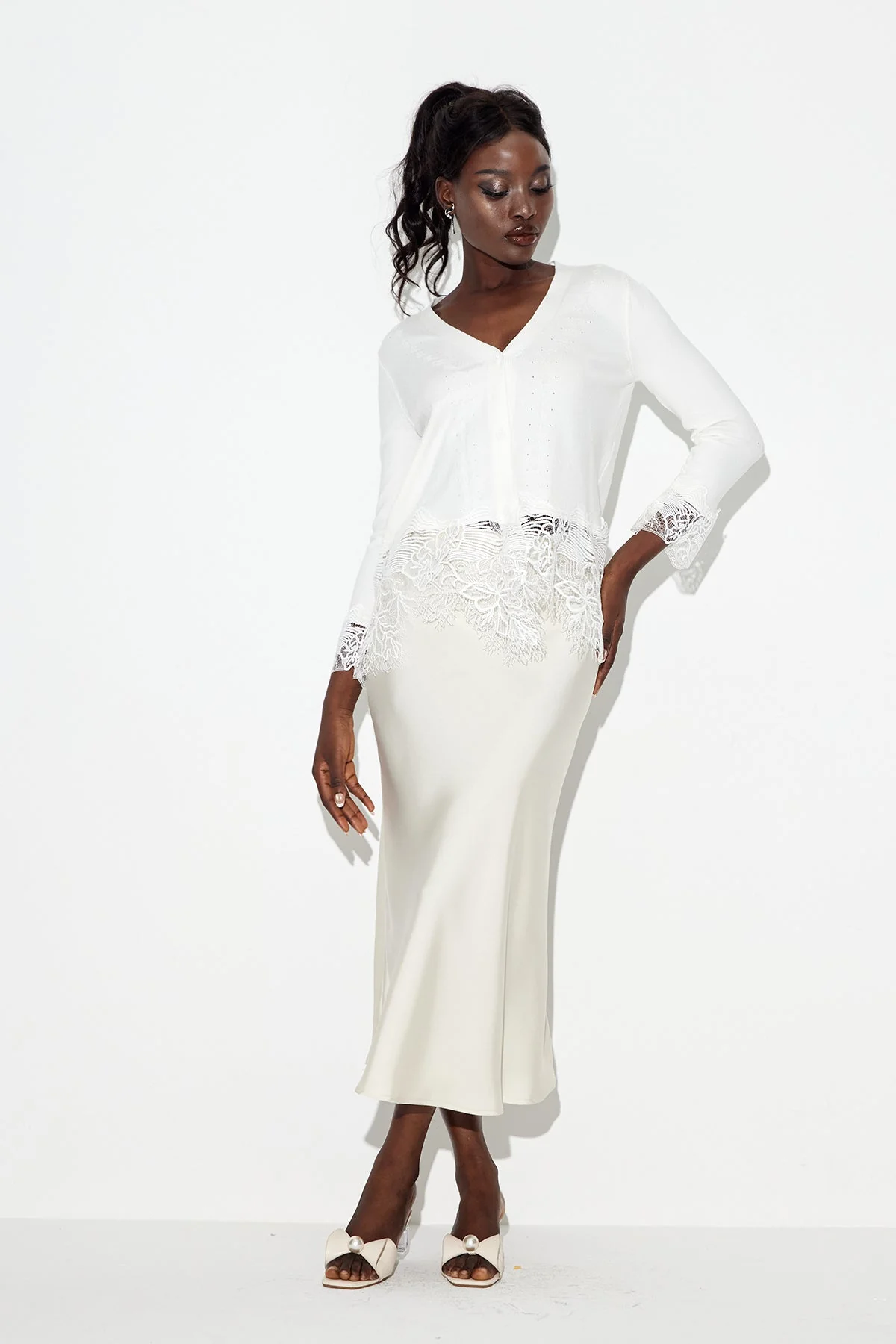 White Lace Plunge Knit Top - Elegant & Stylish Design