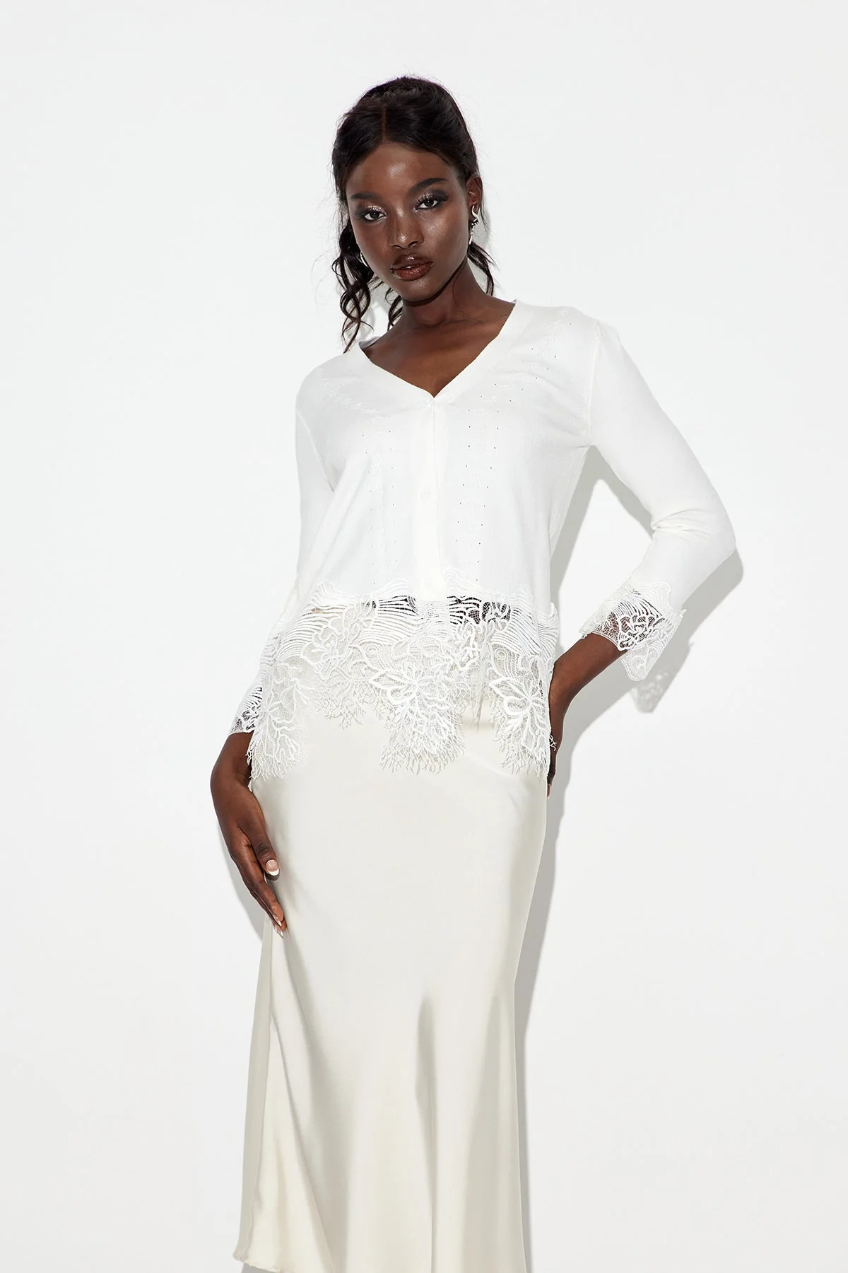 White Lace Plunge Knit Top - Elegant & Stylish Design