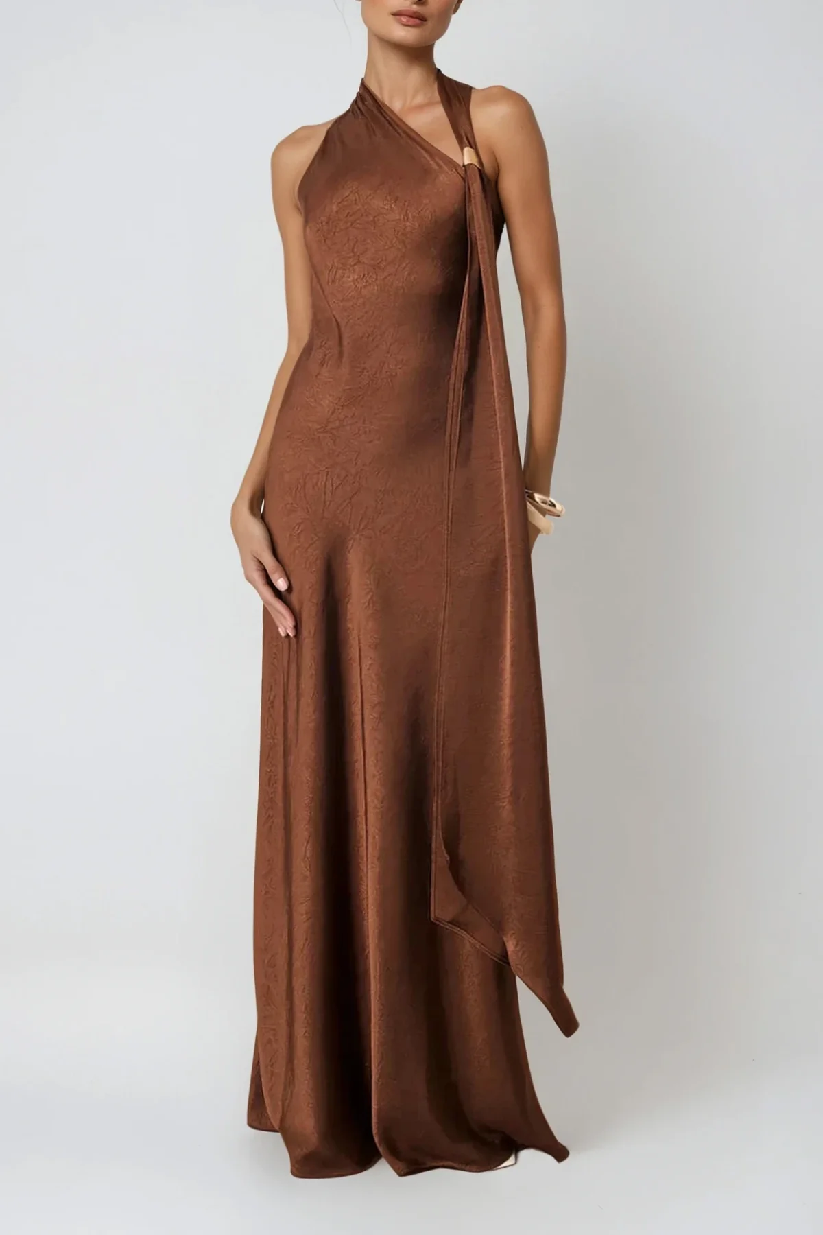 Brown Asymmetric Scarf Maxi Dress