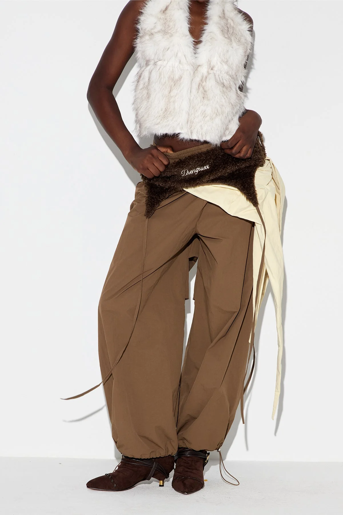 Brown Asymmetric Faux Fur Wide Pants