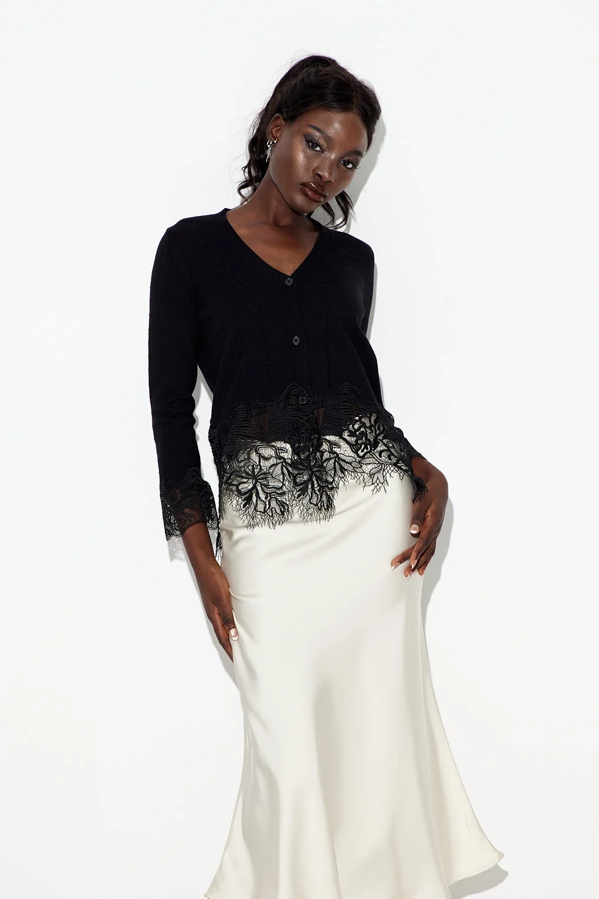 Black Lace Knit Plunge Top - Elegant Chic Style