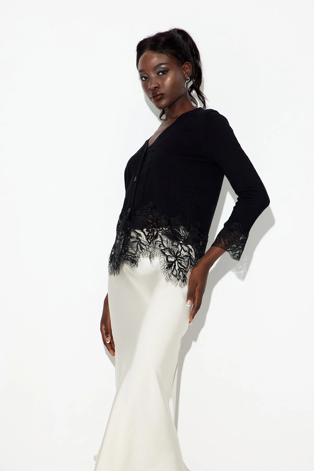 Black Lace Knit Plunge Top - Elegant Chic Style