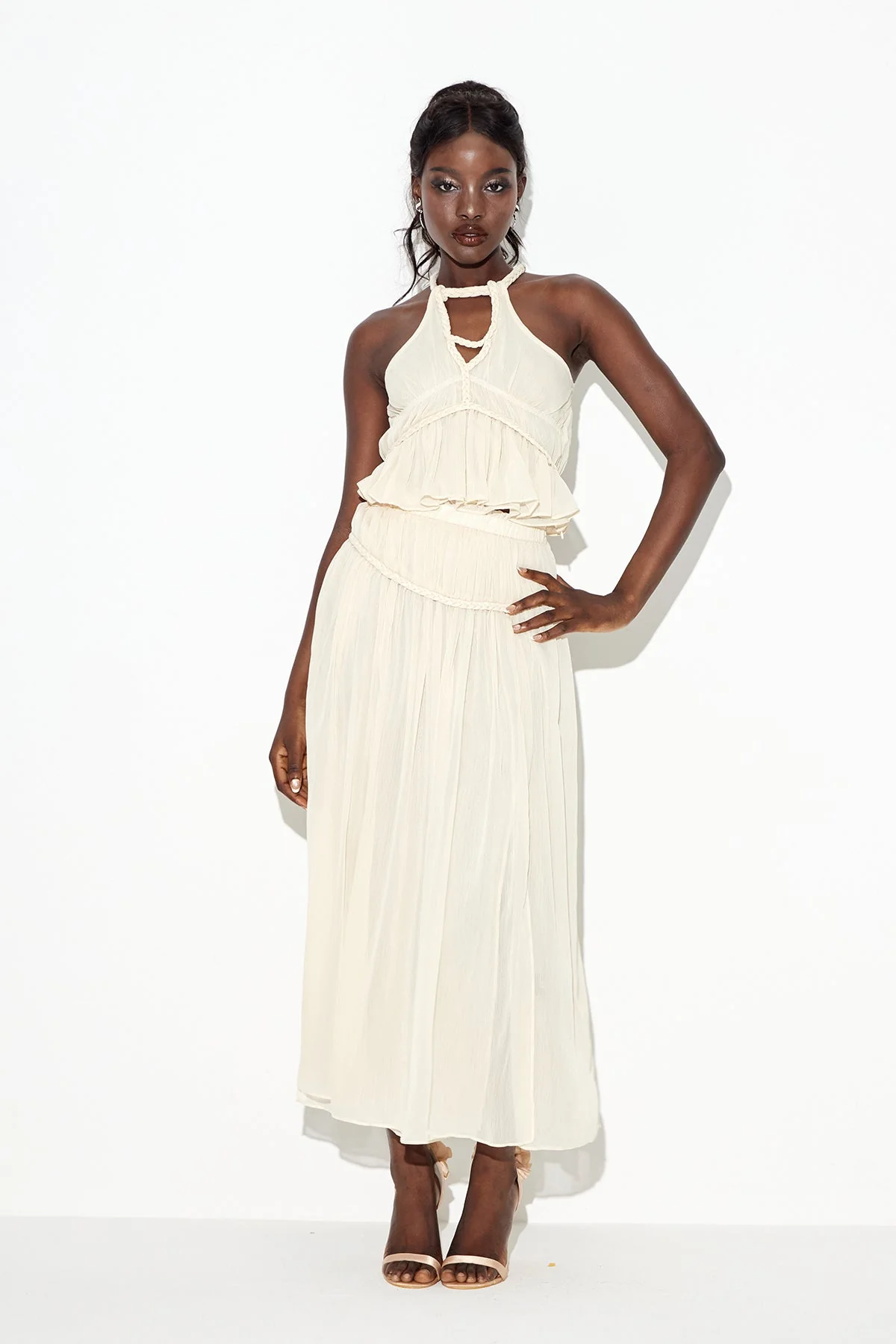 Beige Cutout Sleeveless Skirt Set