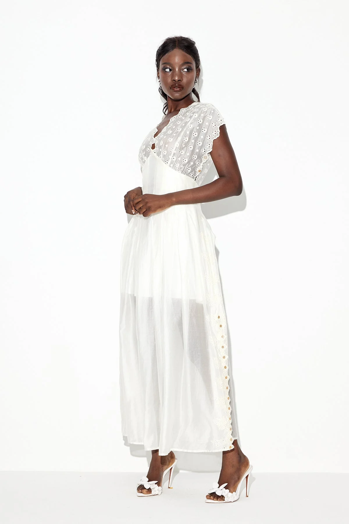 White Ruched Plunge Maxi Dress for Elegant Occasions