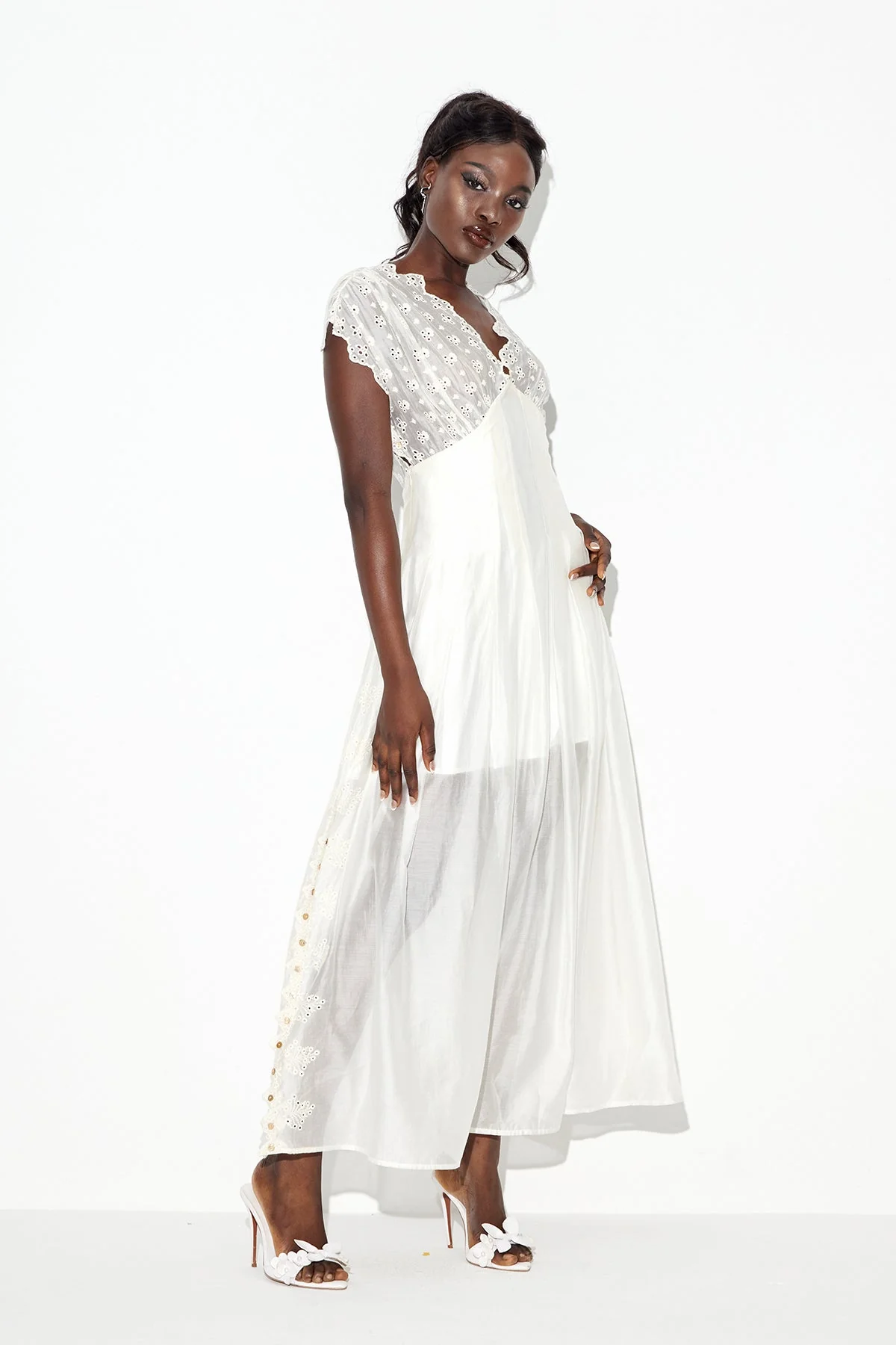 White Ruched Plunge Maxi Dress for Elegant Occasions