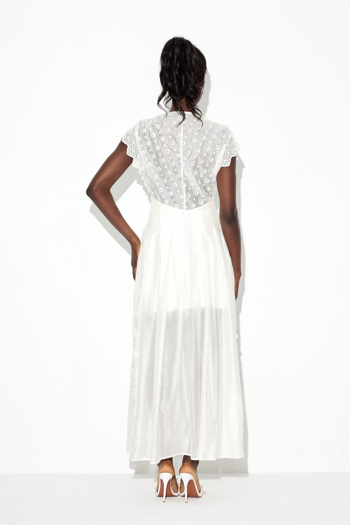 White Ruched Plunge Maxi Dress for Elegant Occasions