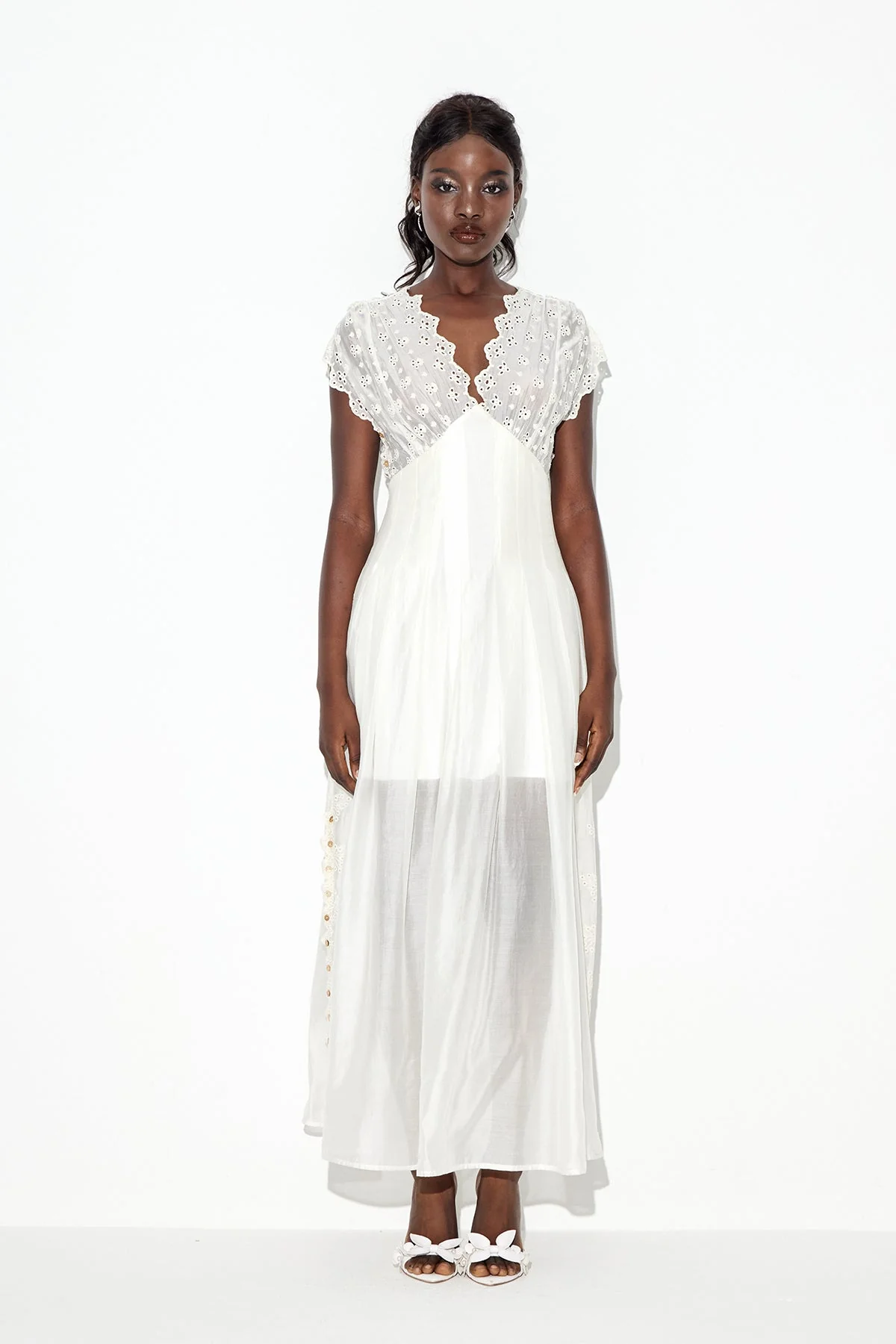 White Ruched Plunge Maxi Dress for Elegant Occasions