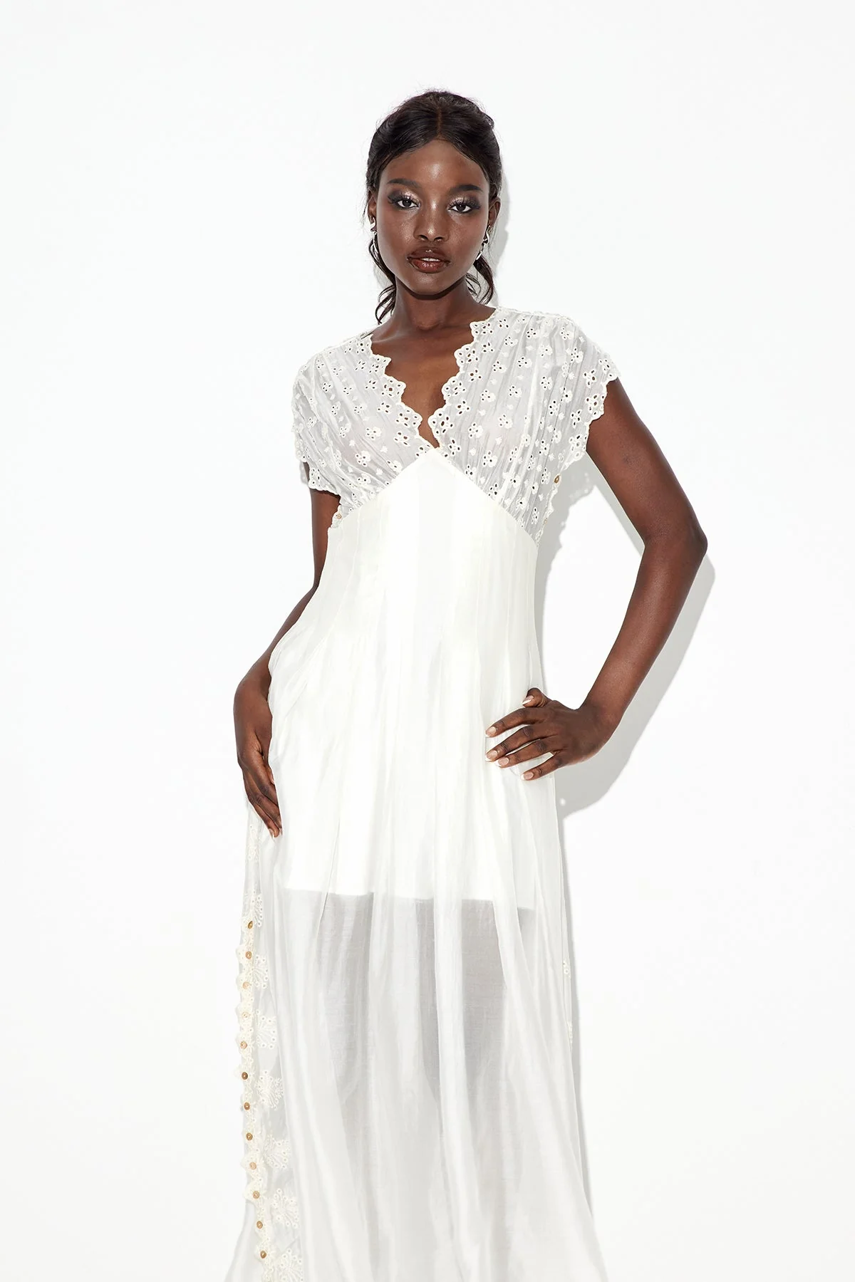 White Ruched Plunge Maxi Dress for Elegant Occasions